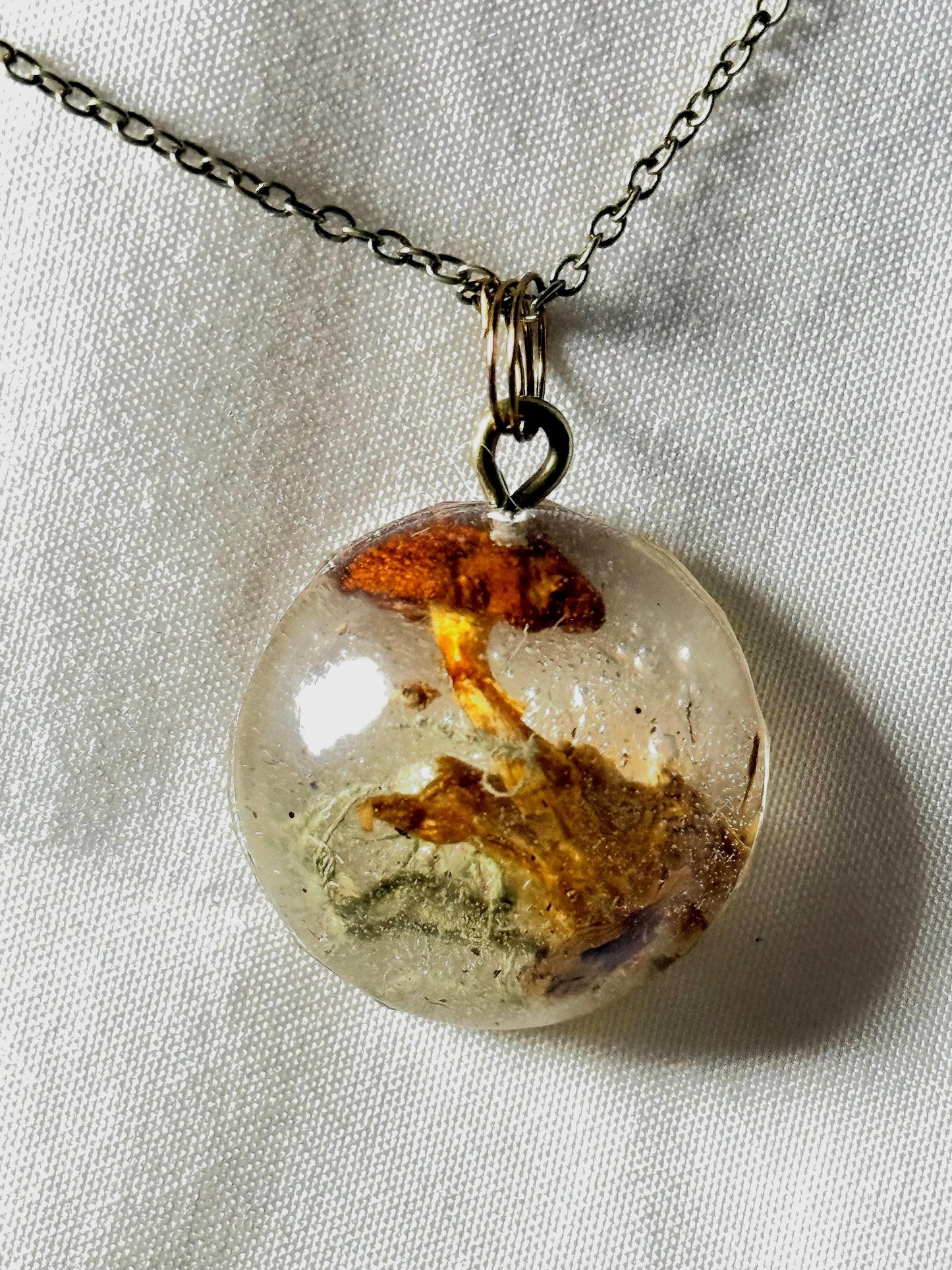 Handmade Resin Pendant with Real Dried Mushrooms, Moss & Driftwood | Nature-Inspired Jewelry | Bronze Chain