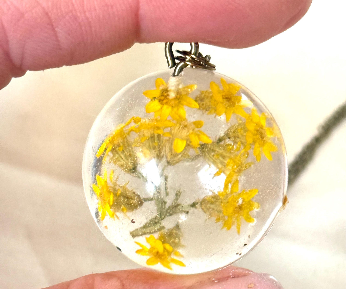 Handmade Resin Pendant with Tiny Yellow Flowers | Botanical Necklace | Bronze Chain Nature Jewelry