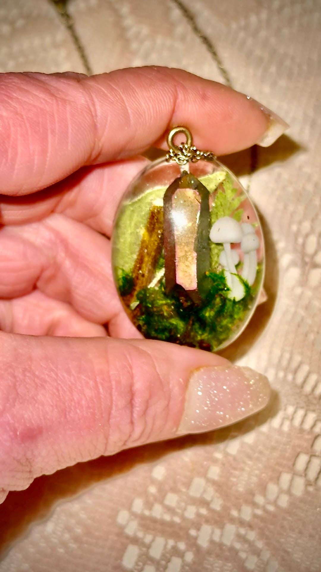 Handmade Resin Pendant with Aura Quartz, Mushroom & Moss – Nature-Inspired Jewelry, Bronze Chain Necklace, Unique Boho Gift