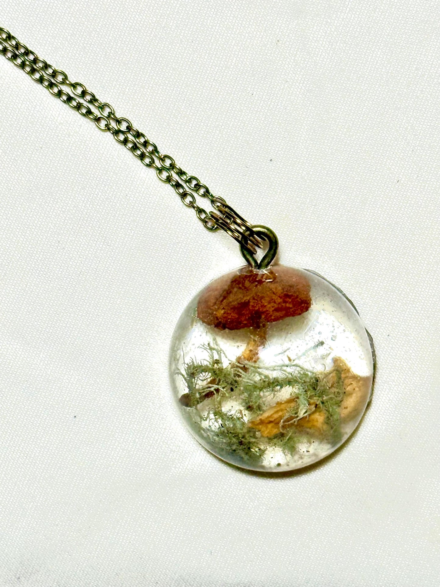 Handmade Resin Pendant with Real Dried Mushrooms, Moss & Driftwood | Nature-Inspired Jewelry | Bronze Chain