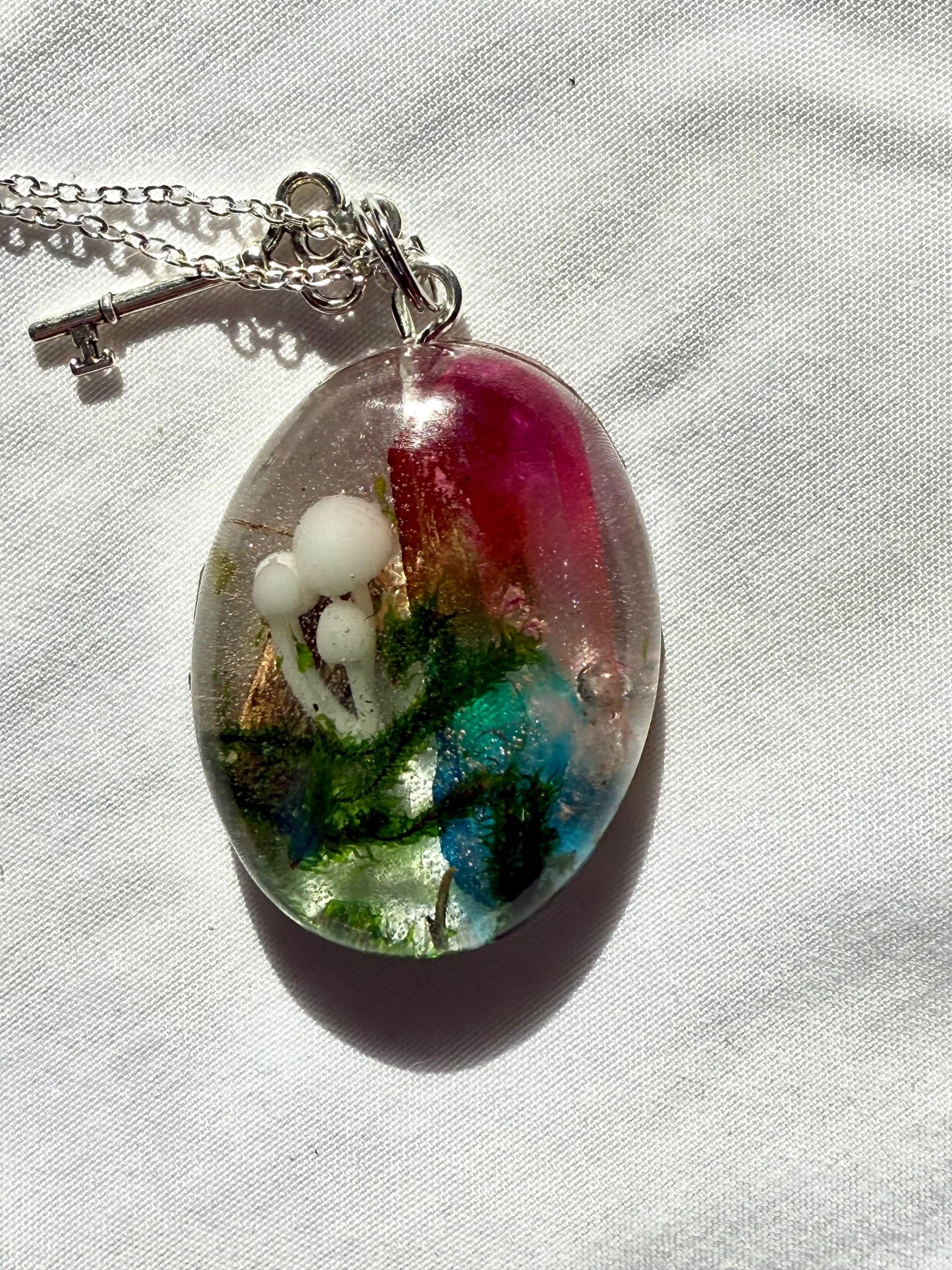 Resin Pendant Necklace with Aura Quartz, Mushroom and Moss, Nature-Inspired Jewelry, Boho Witchy Aesthetic