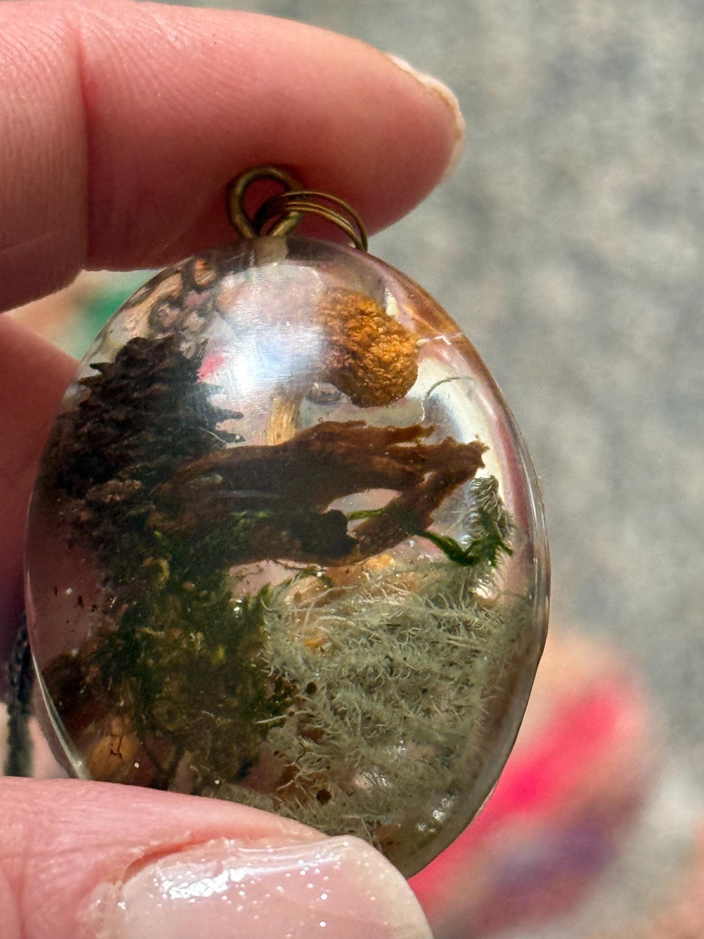 Foraged Lichen & Mushroom Pendant – Handmade Resin Necklace on Bronze Chain