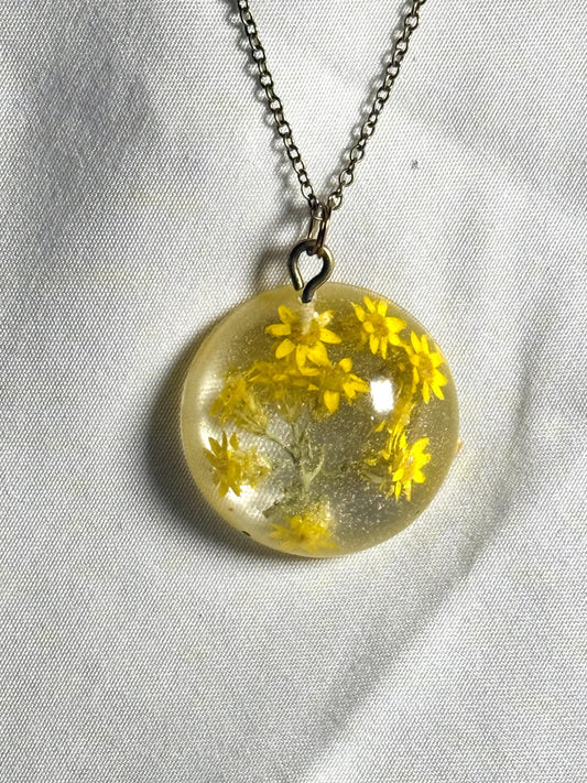 Handmade Resin Pendant with Tiny Yellow Flowers | Botanical Necklace | Bronze Chain Nature Jewelry