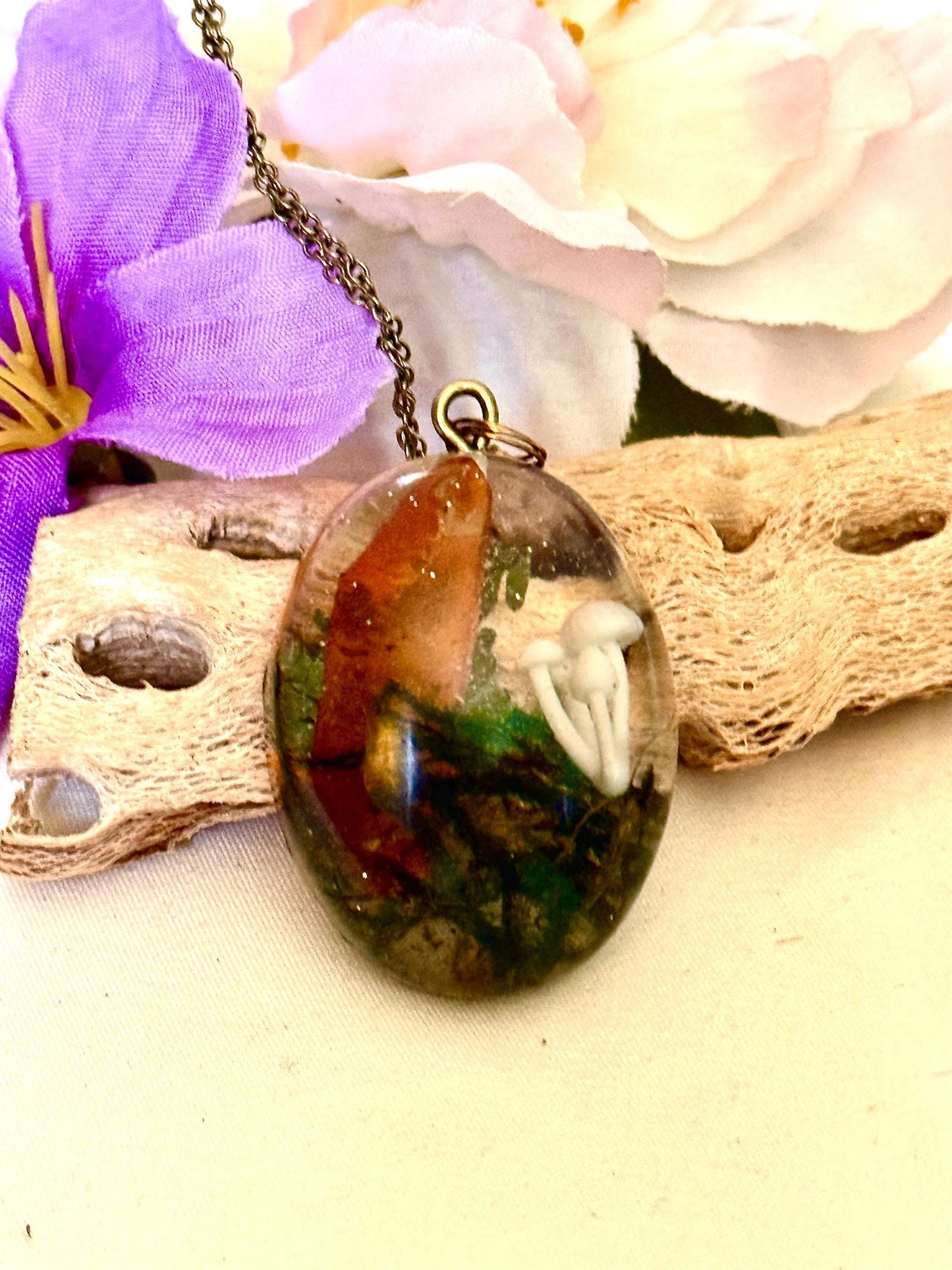 Orange Aura Quartz & Mushroom Pendant – Resin Nature Necklace on Bronze Chain