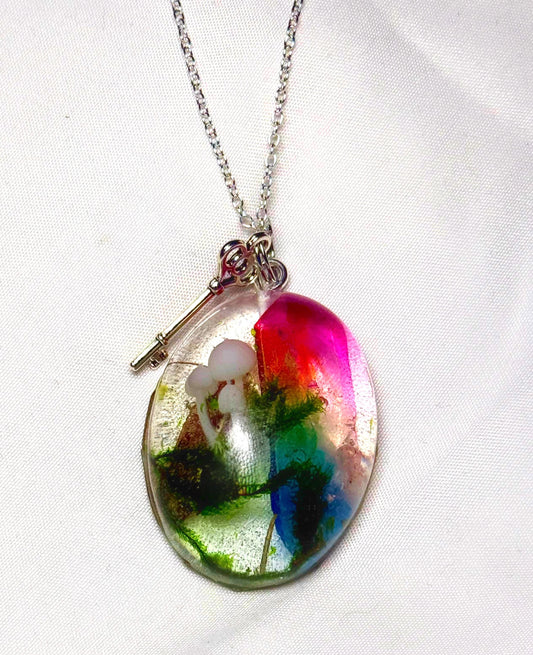 Resin Pendant Necklace with Aura Quartz, Mushroom and Moss, Nature-Inspired Jewelry, Boho Witchy Aesthetic