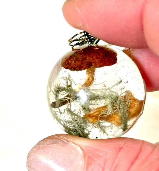 Handmade Resin Pendant with Real Dried Mushrooms, Moss & Driftwood | Nature-Inspired Jewelry | Bronze Chain