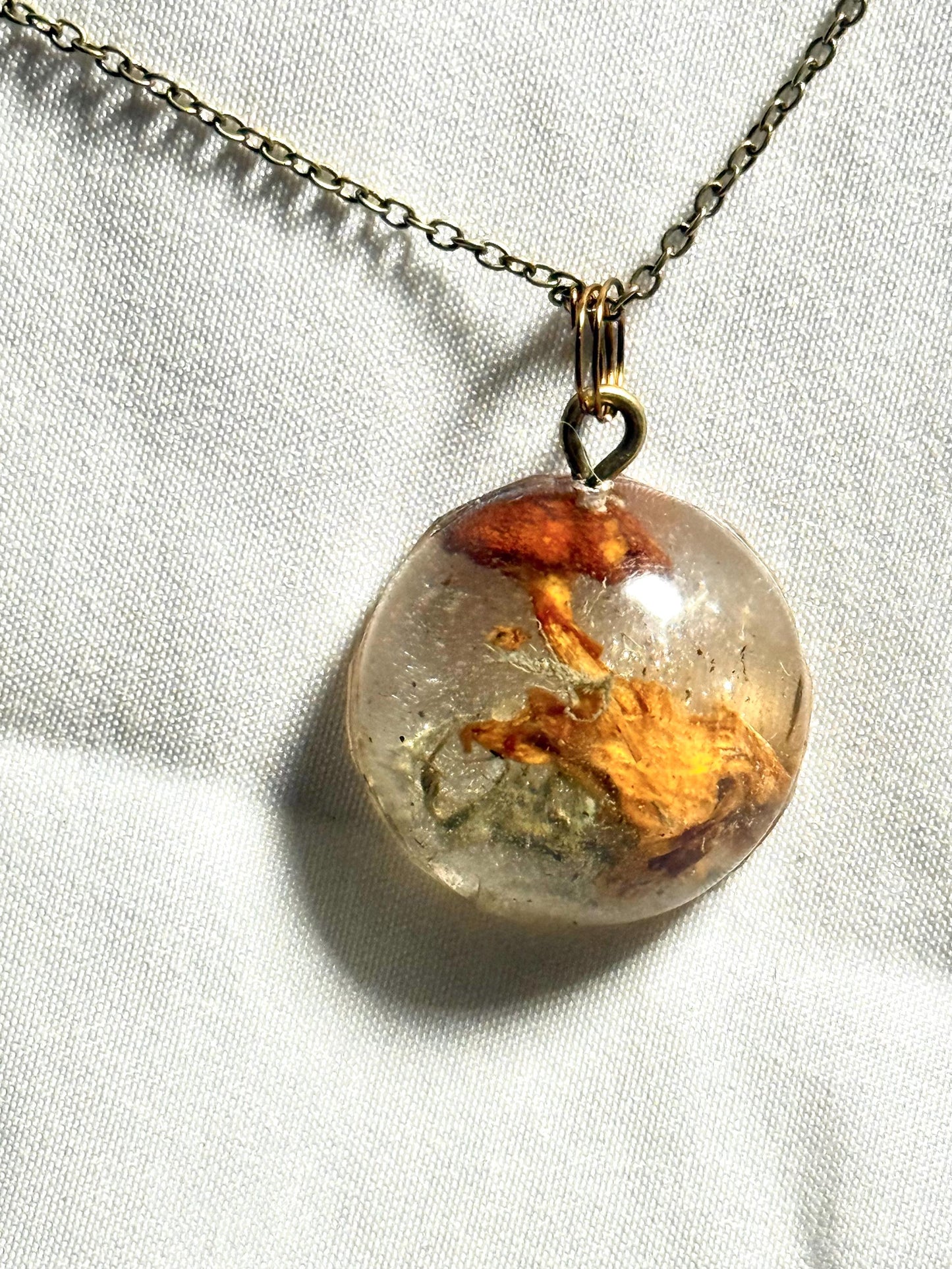 Handmade Resin Pendant with Real Dried Mushrooms, Moss & Driftwood | Nature-Inspired Jewelry | Bronze Chain