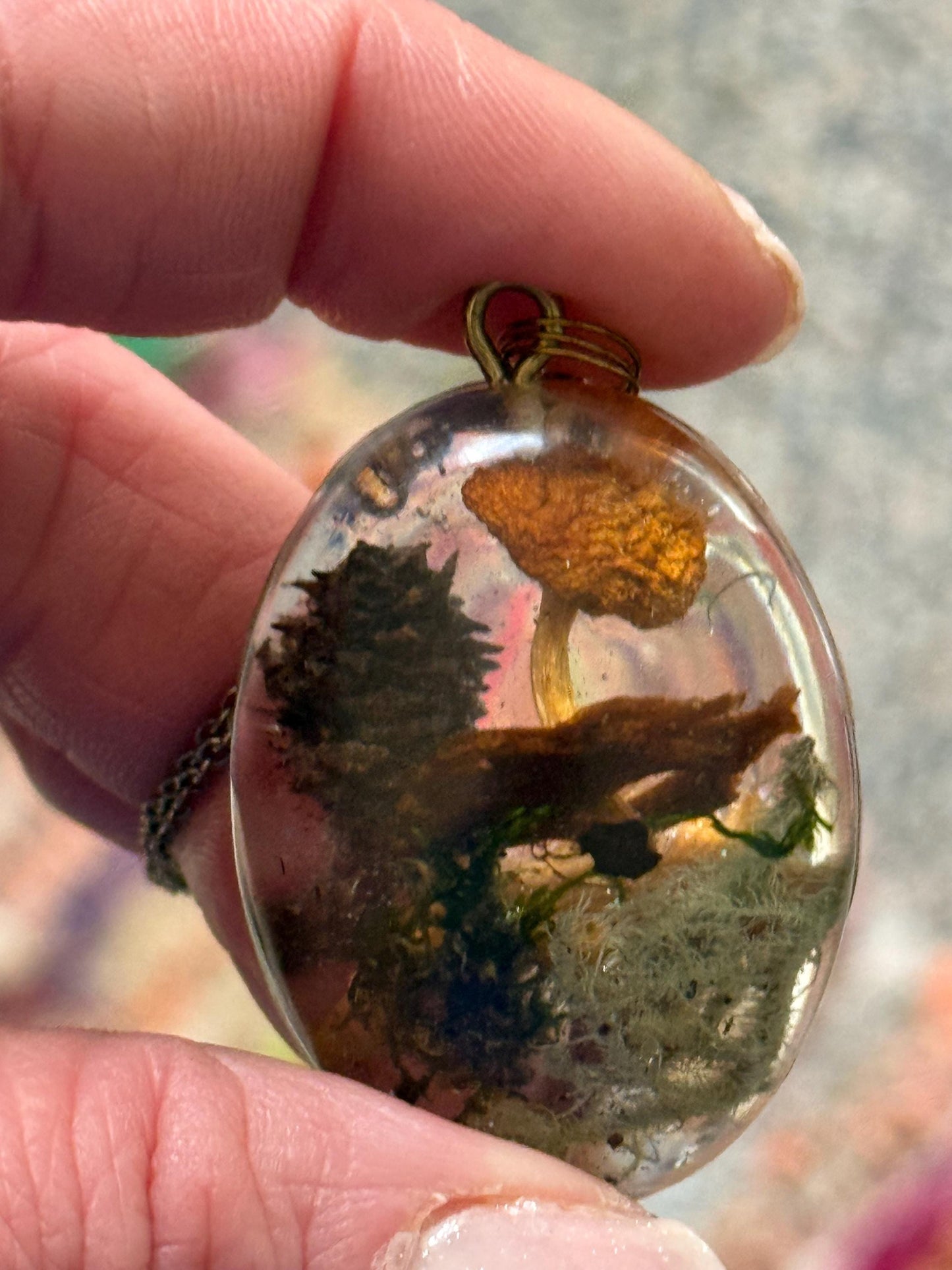 Foraged Lichen & Mushroom Pendant – Handmade Resin Necklace on Bronze Chain