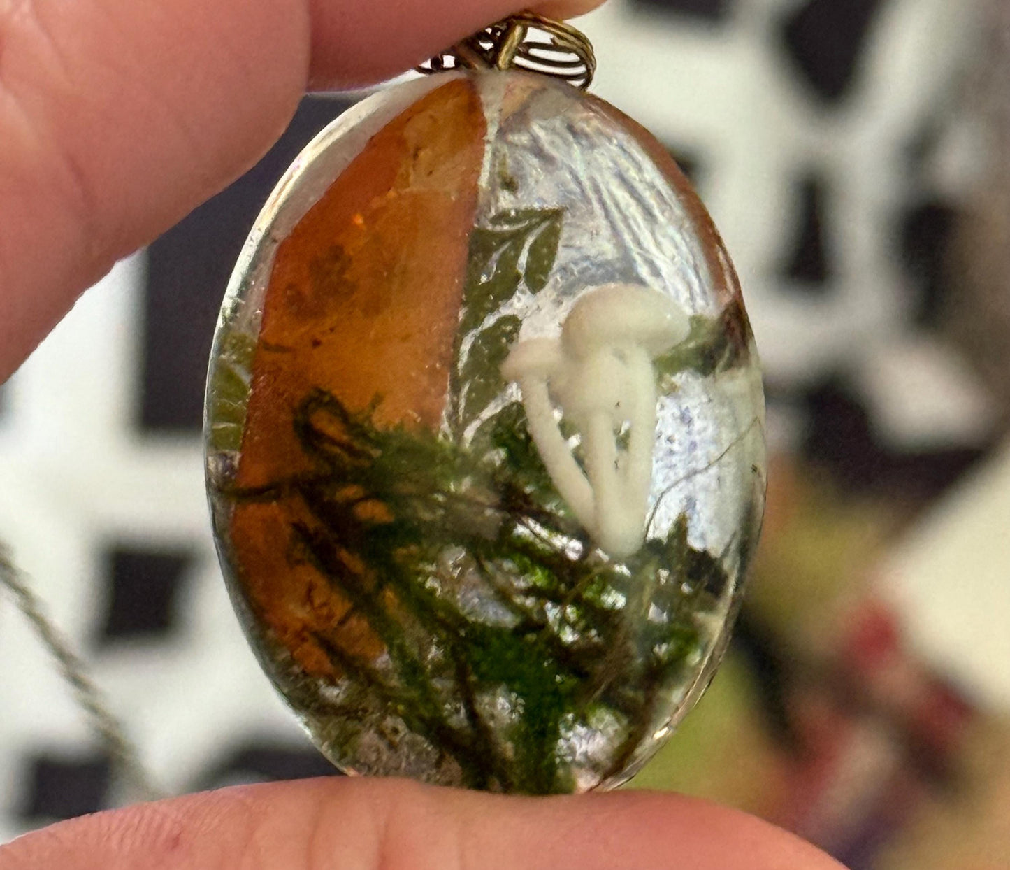 Orange Aura Quartz & Mushroom Pendant – Resin Nature Necklace on Bronze Chain