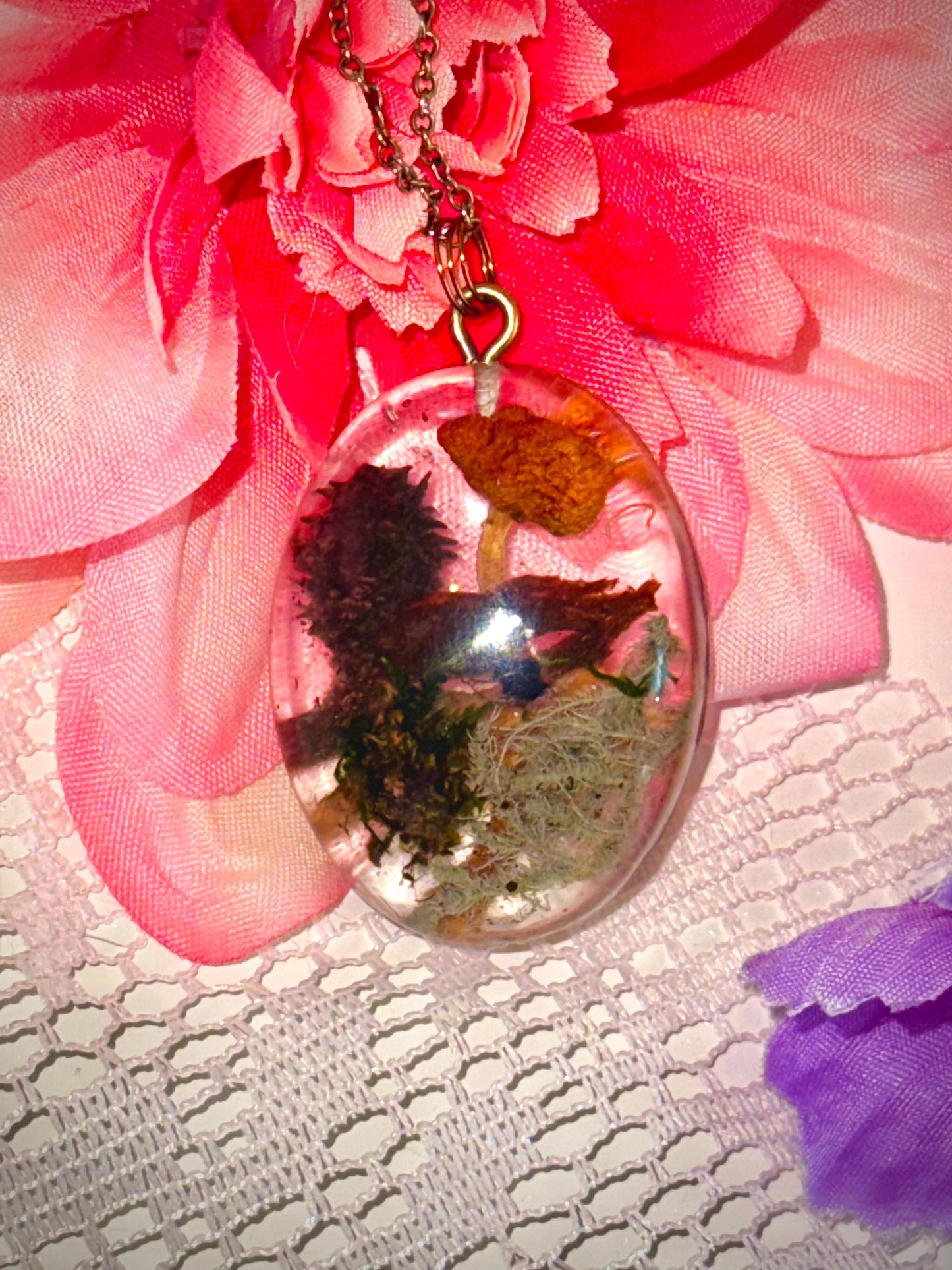 Foraged Lichen & Mushroom Pendant – Handmade Resin Necklace on Bronze Chain