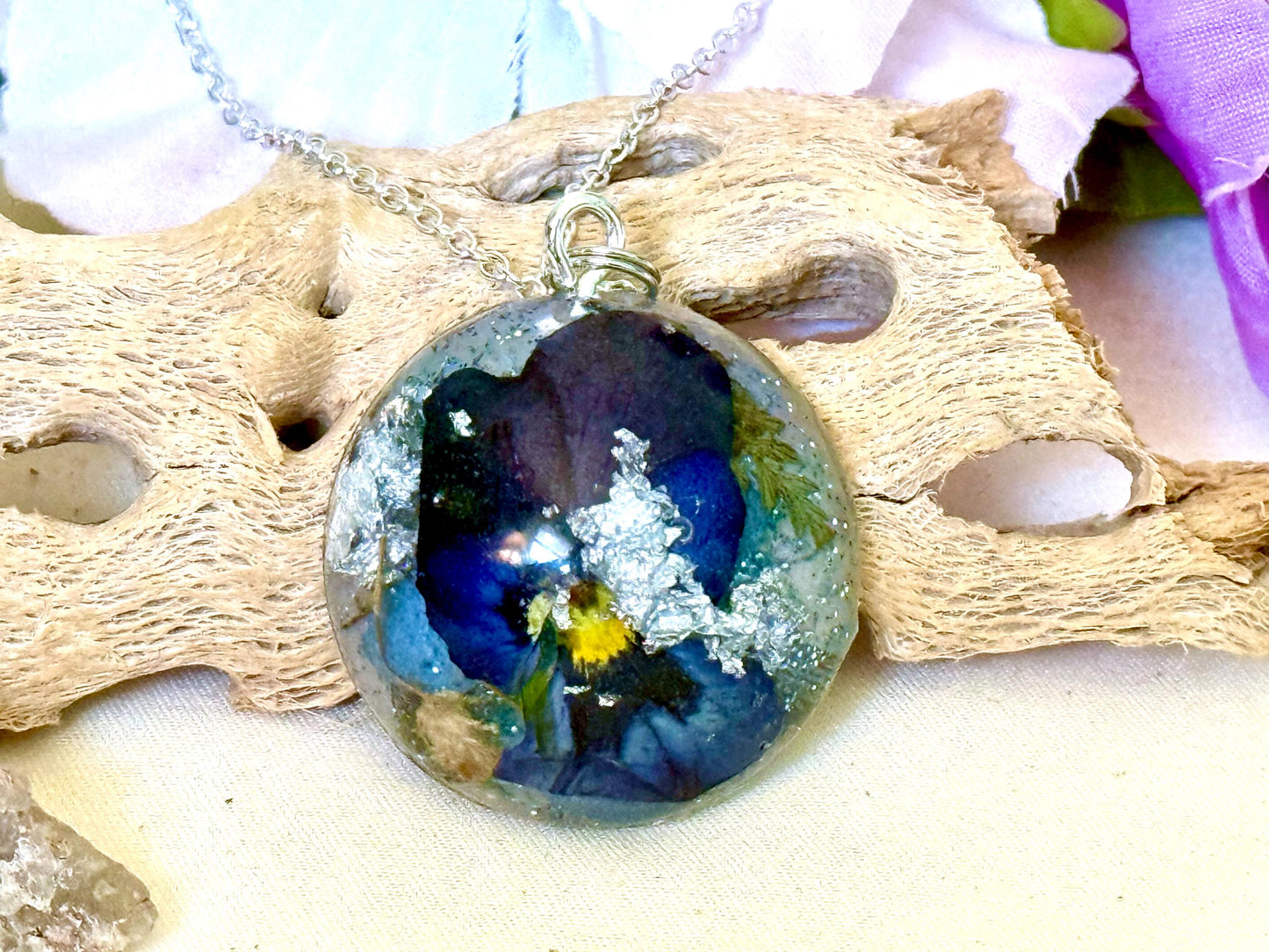 Pressed Viola Resin Pendant | Silver Flake Necklace | Handmade Floral Jewelry