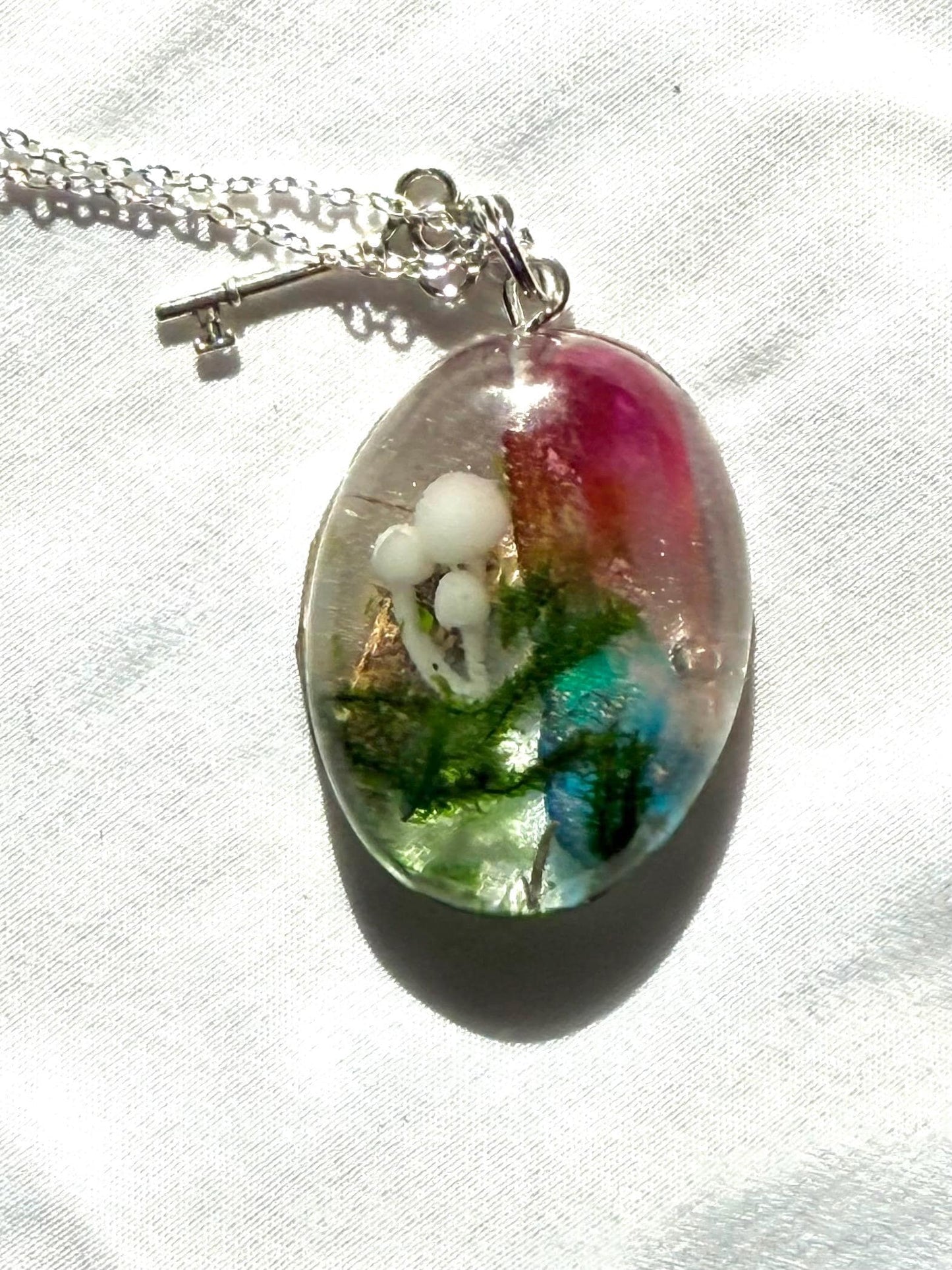 Resin Pendant Necklace with Aura Quartz, Mushroom and Moss, Nature-Inspired Jewelry, Boho Witchy Aesthetic