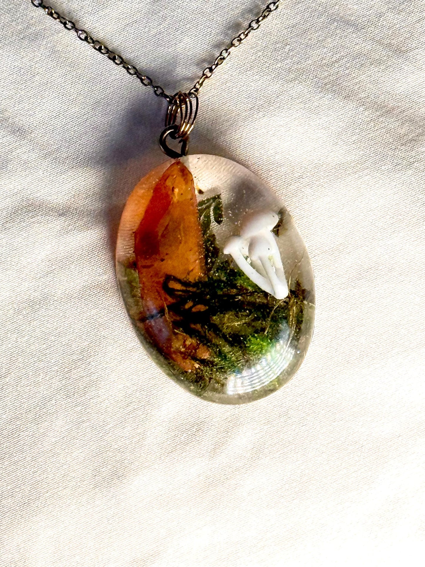 Orange Aura Quartz & Mushroom Pendant – Resin Nature Necklace on Bronze Chain