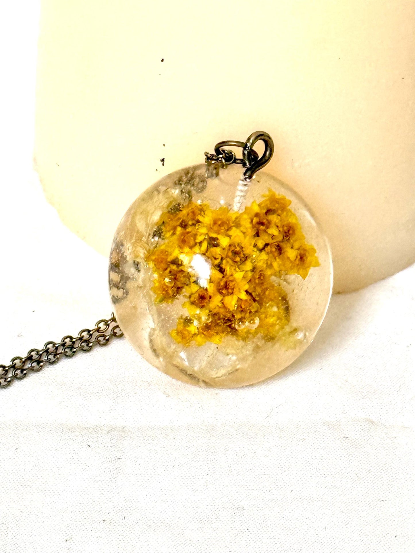 Handmade Resin Pendant with Tiny Yellow Flowers | Botanical Necklace | Bronze Chain Nature Jewelry