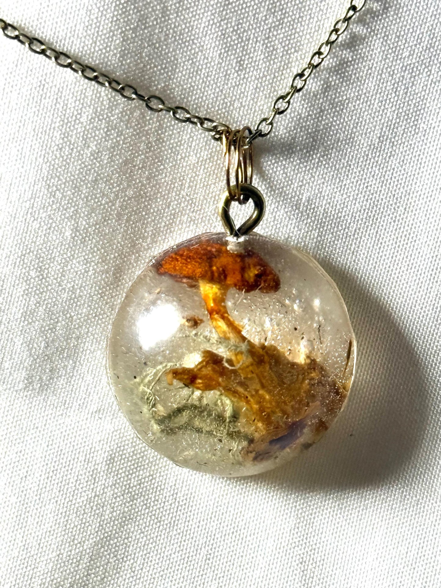 Handmade Resin Pendant with Real Dried Mushrooms, Moss & Driftwood | Nature-Inspired Jewelry | Bronze Chain