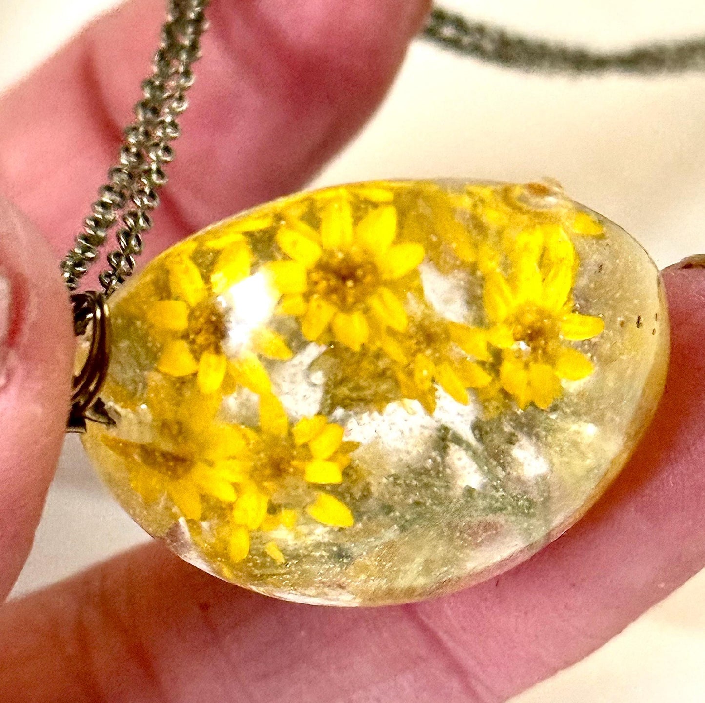 Handmade Resin Pendant with Tiny Yellow Flowers | Botanical Necklace | Bronze Chain Nature Jewelry