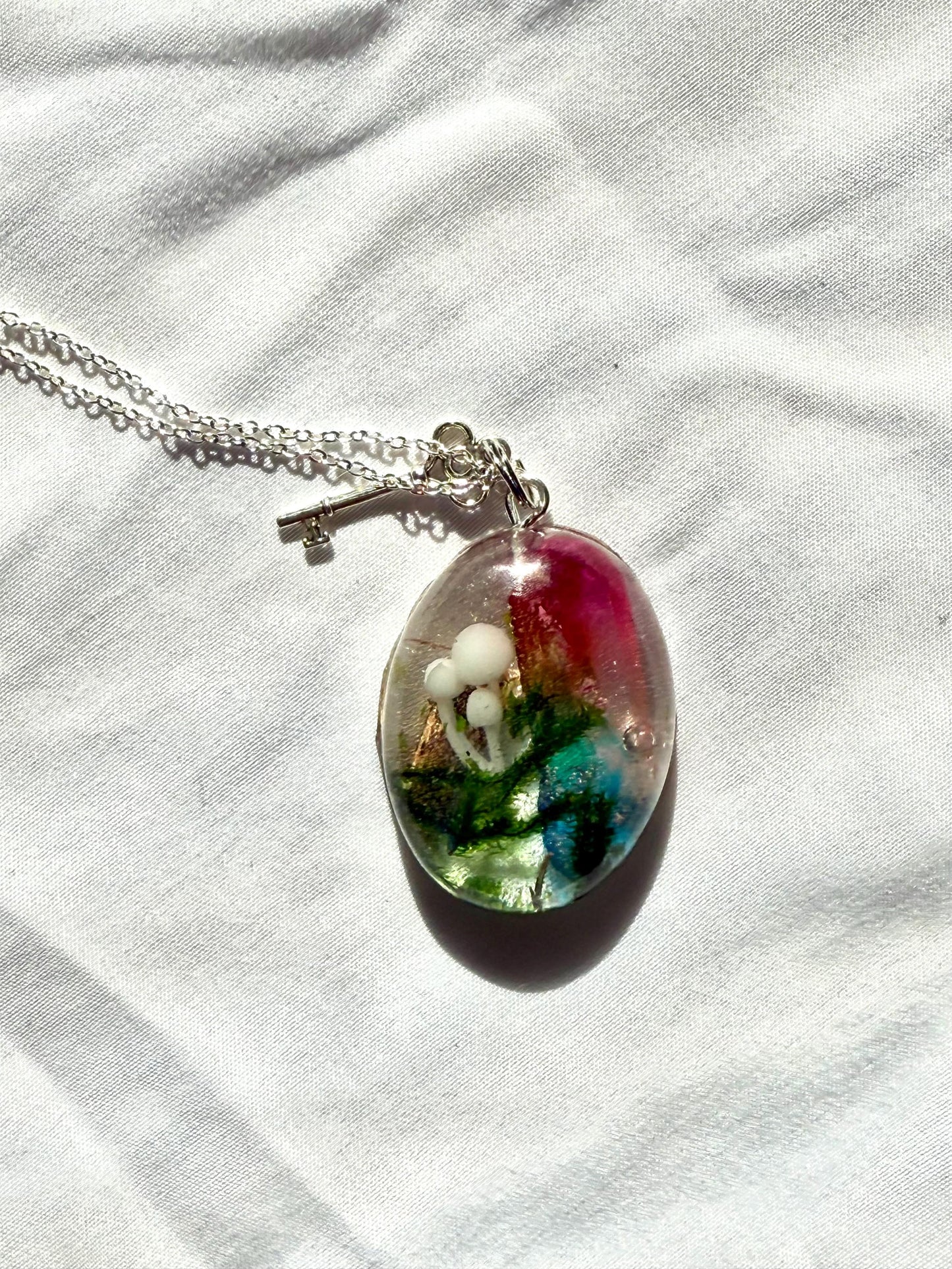 Resin Pendant Necklace with Aura Quartz, Mushroom and Moss, Nature-Inspired Jewelry, Boho Witchy Aesthetic