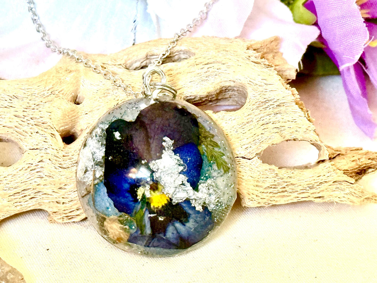 Pressed Viola Resin Pendant | Silver Flake Necklace | Handmade Floral Jewelry