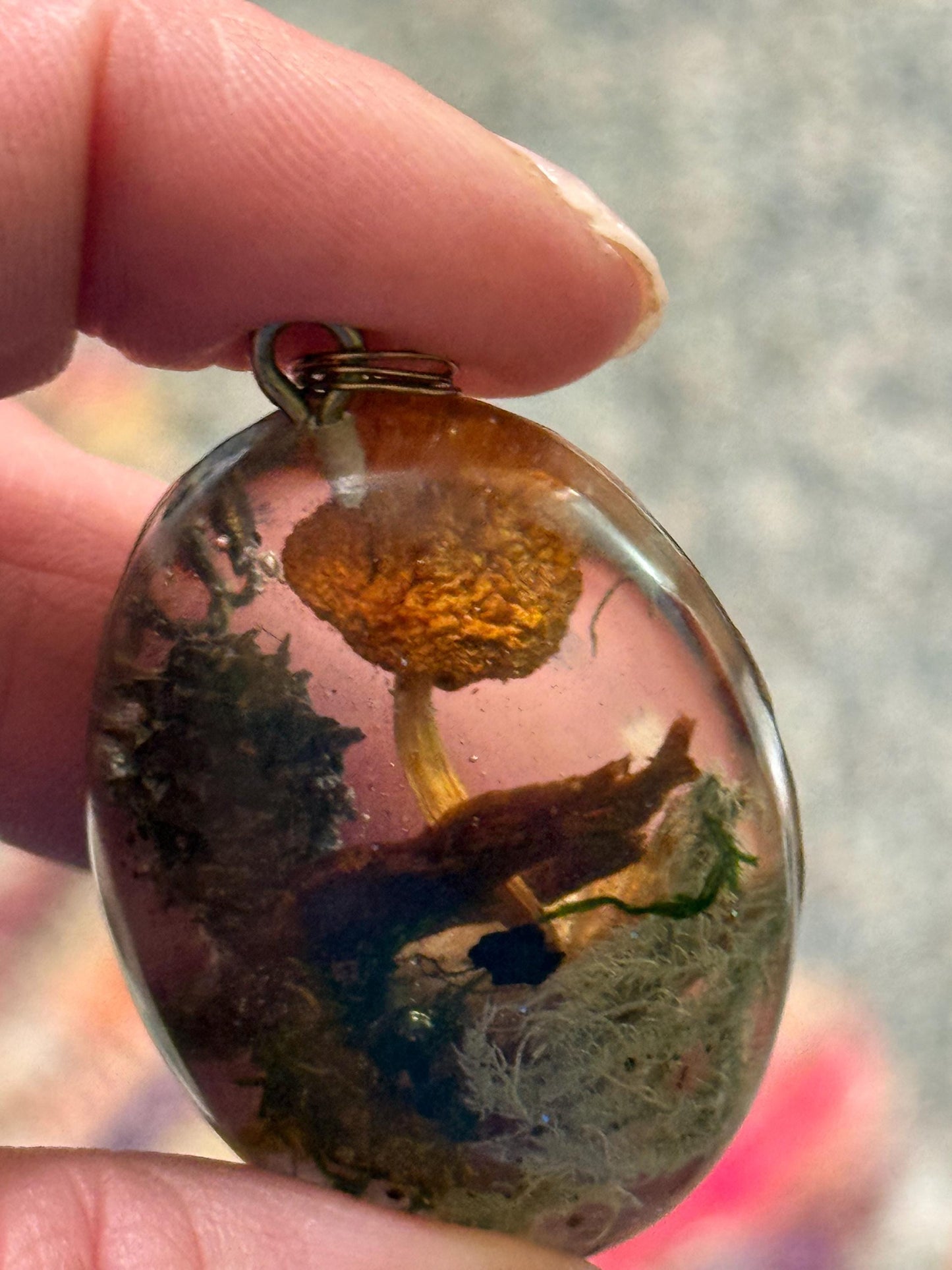 Foraged Lichen & Mushroom Pendant – Handmade Resin Necklace on Bronze Chain