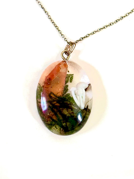 Orange Aura Quartz & Mushroom Pendant – Resin Nature Necklace on Bronze Chain