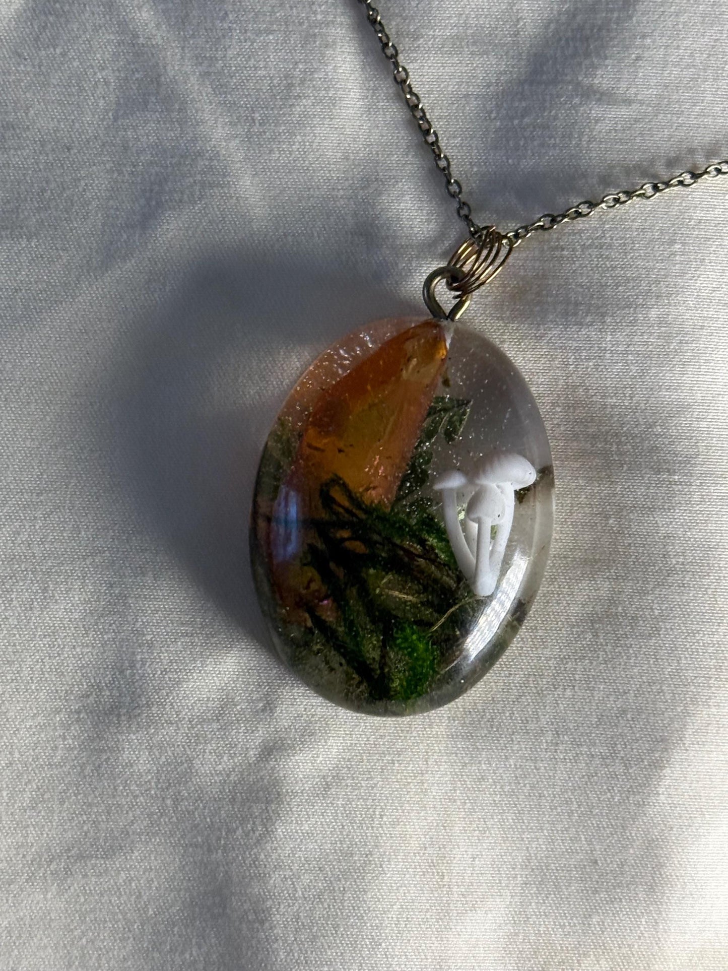 Orange Aura Quartz & Mushroom Pendant – Resin Nature Necklace on Bronze Chain