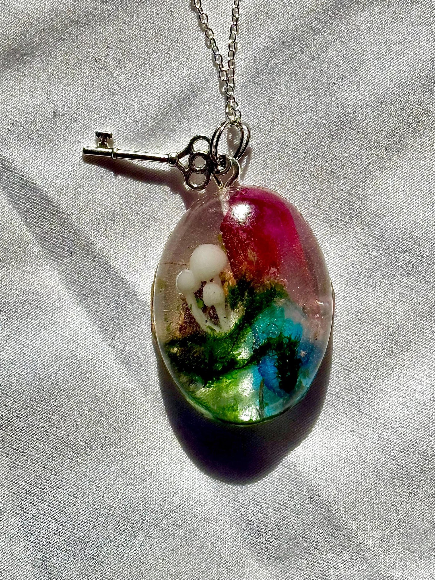 Resin Pendant Necklace with Aura Quartz, Mushroom and Moss, Nature-Inspired Jewelry, Boho Witchy Aesthetic