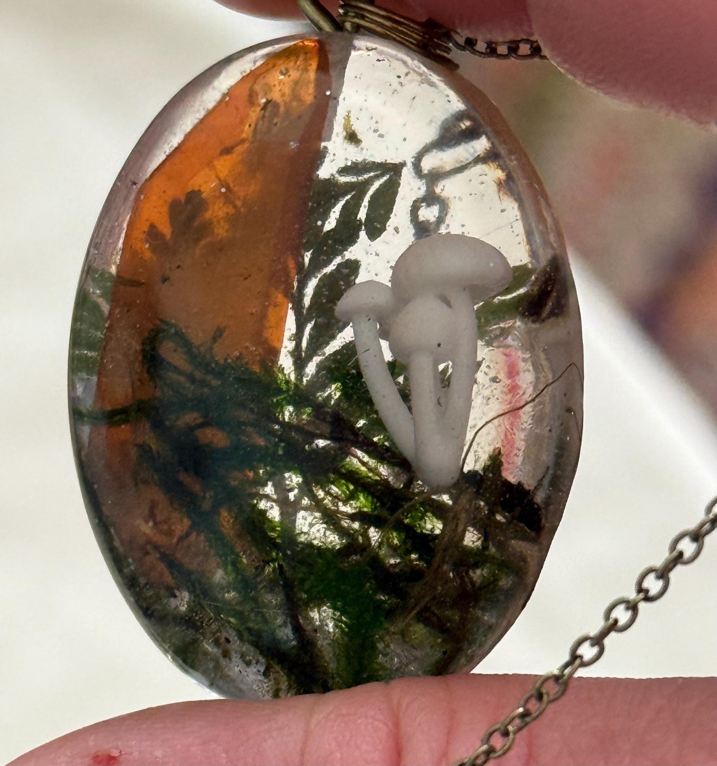 Orange Aura Quartz & Mushroom Pendant – Resin Nature Necklace on Bronze Chain