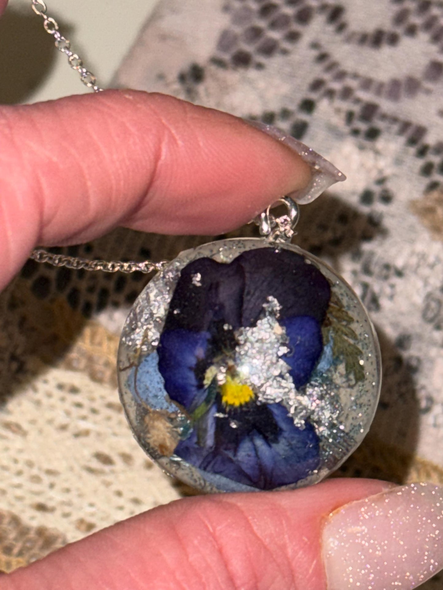 Pressed Viola Resin Pendant | Silver Flake Necklace | Handmade Floral Jewelry