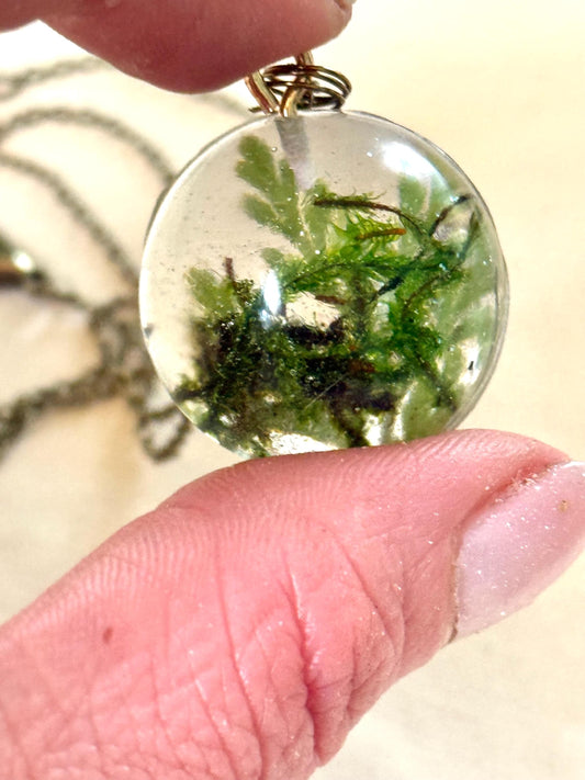 Resin necklace with Moss & Fern, Bronze Chain Nature Pendant, Botanical Jewelry, Forestcore Aesthetic