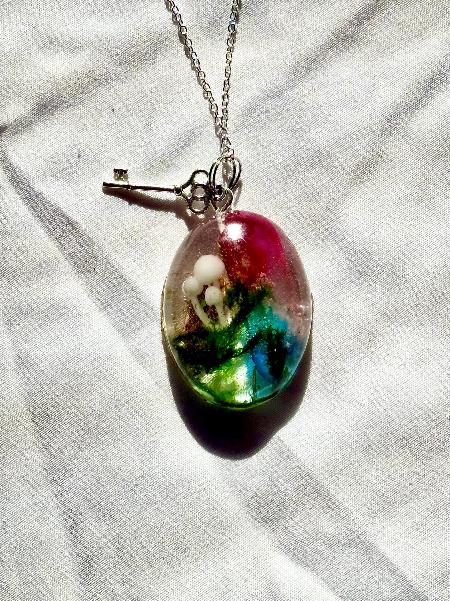 Resin Pendant Necklace with Aura Quartz, Mushroom and Moss, Nature-Inspired Jewelry, Boho Witchy Aesthetic