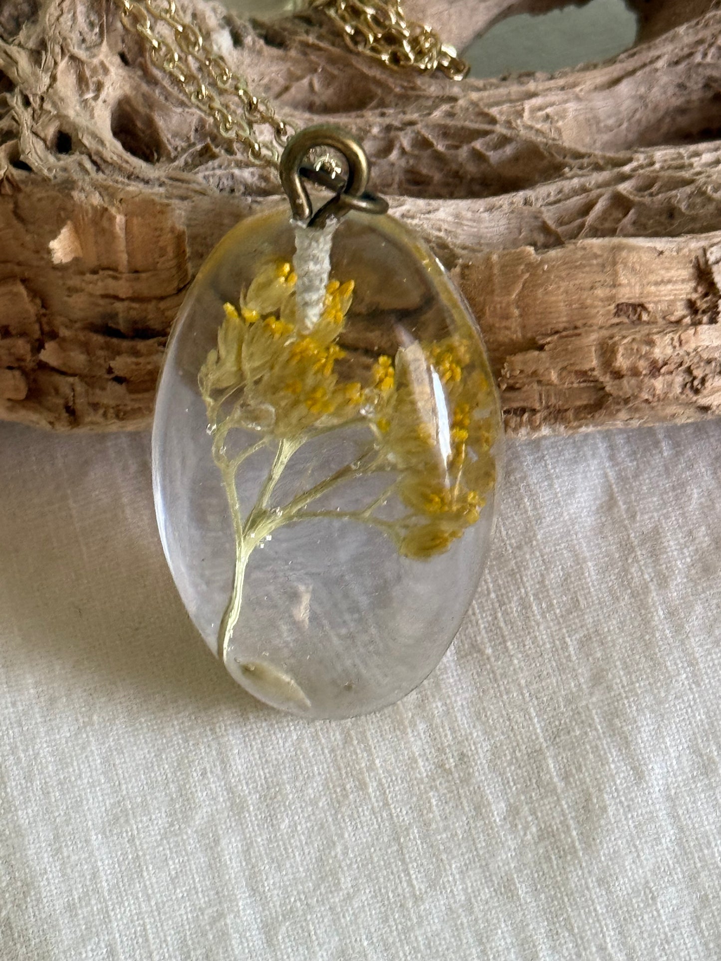 Yellow Goldenrod on Gold Chain, Floral Resin Pendant - Handcrafted Elegance | Botanical Resin Pendant | Unique Jewelry