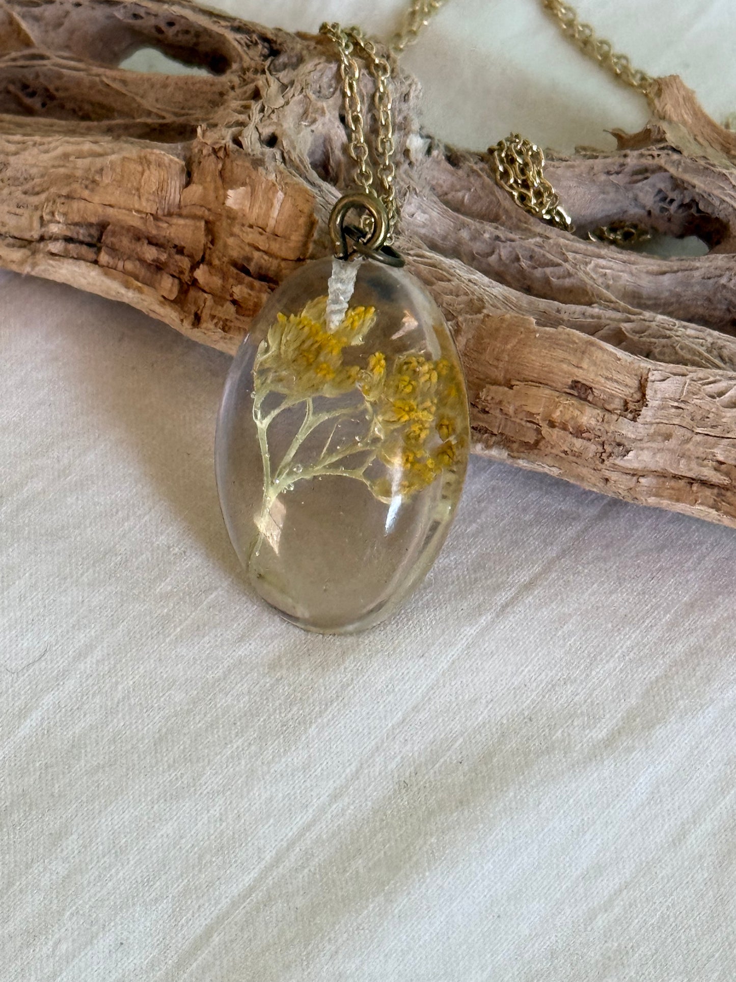 Yellow Goldenrod on Gold Chain, Floral Resin Pendant - Handcrafted Elegance | Botanical Resin Pendant | Unique Jewelry