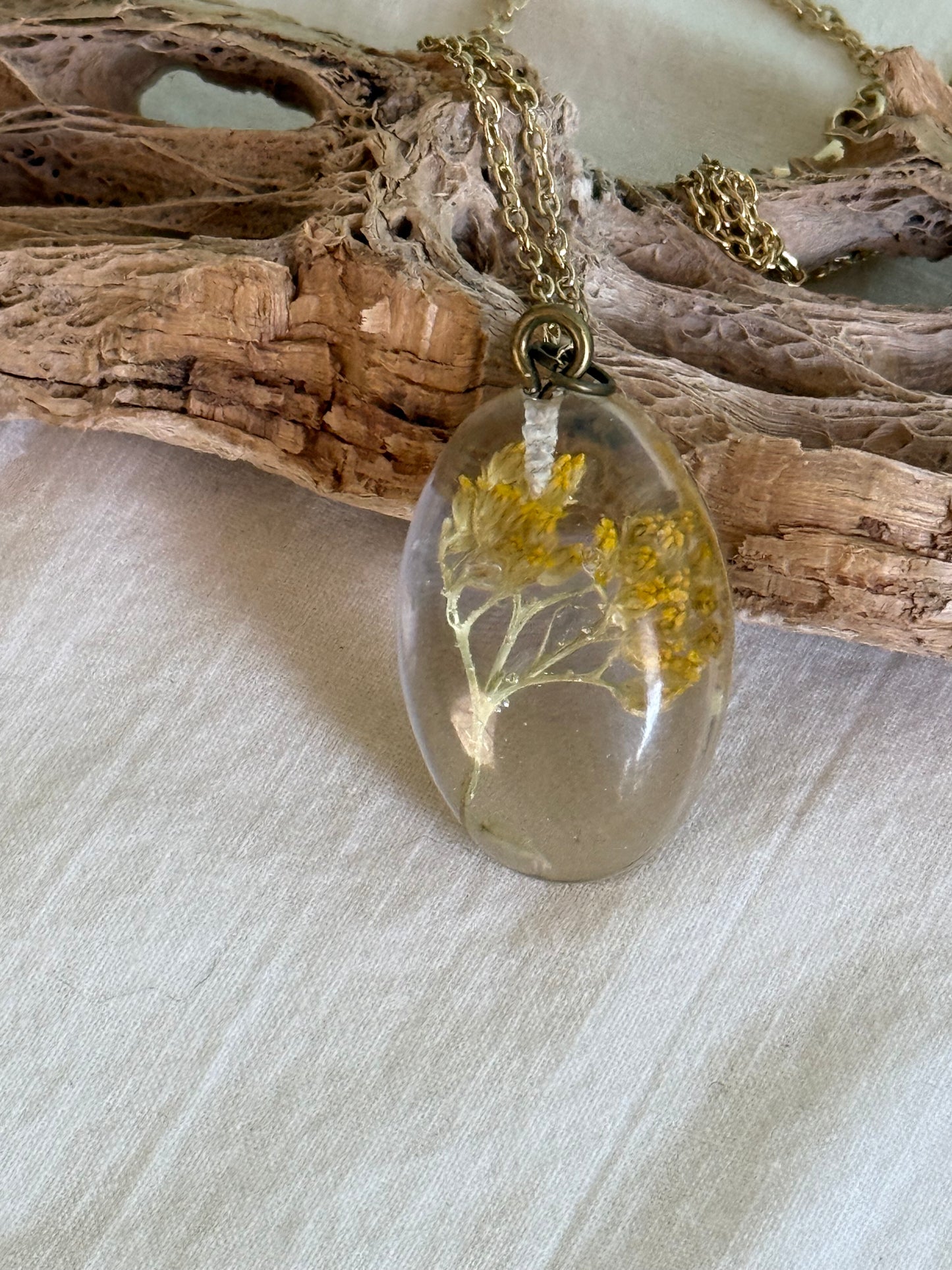 Yellow Goldenrod on Gold Chain, Floral Resin Pendant - Handcrafted Elegance | Botanical Resin Pendant | Unique Jewelry