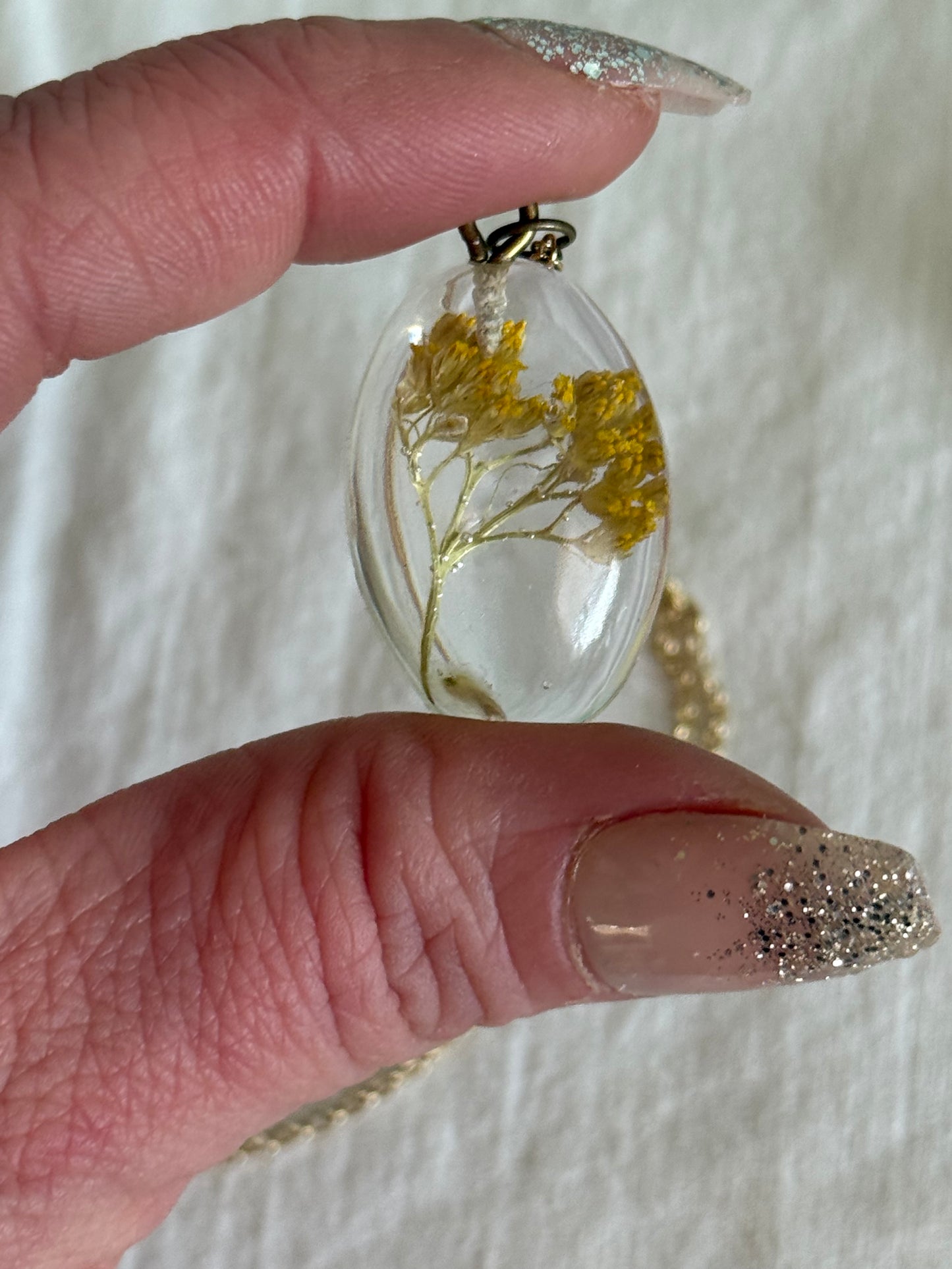 Yellow Goldenrod on Gold Chain, Floral Resin Pendant - Handcrafted Elegance | Botanical Resin Pendant | Unique Jewelry