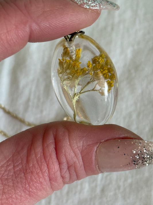 Goldenrod Floral Resin Pendant Necklace - Yellow Flower Necklace on Gold Adjustable Chain