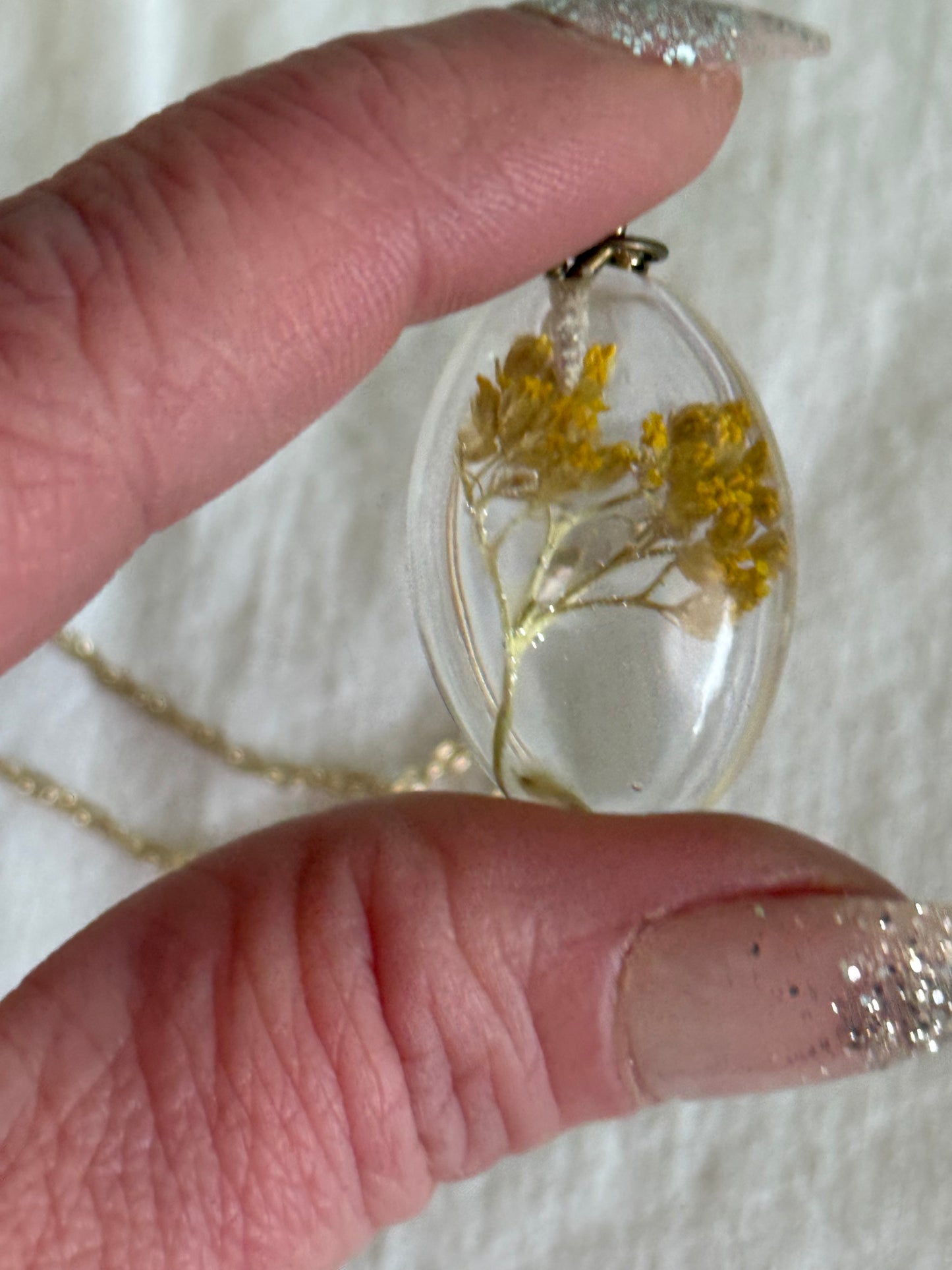 Yellow Goldenrod on Gold Chain, Floral Resin Pendant - Handcrafted Elegance | Botanical Resin Pendant | Unique Jewelry