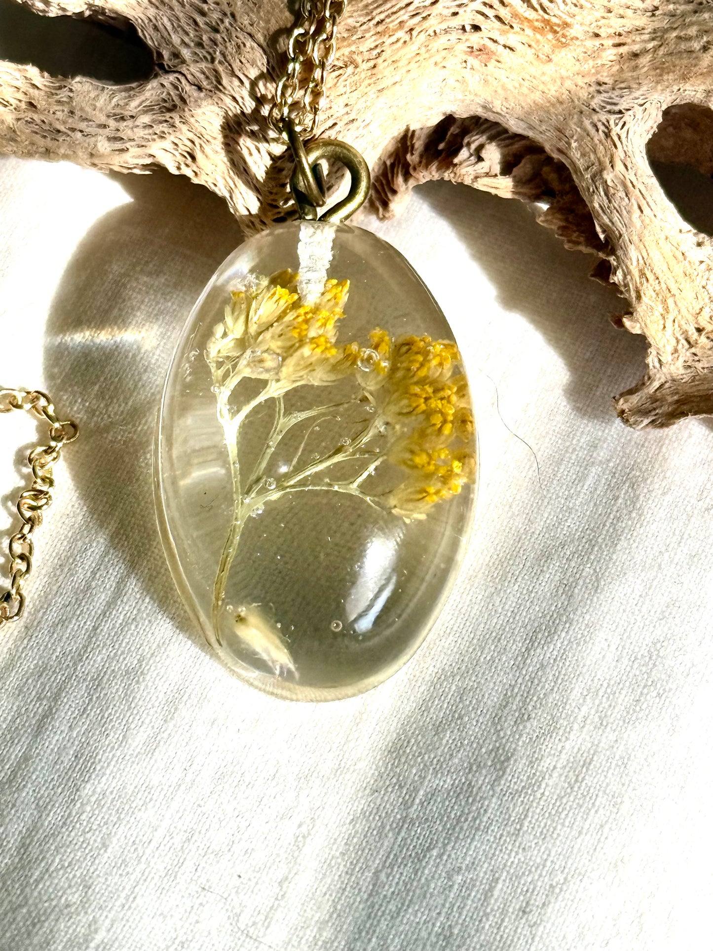 Yellow Goldenrod on Gold Chain, Floral Resin Pendant - Handcrafted Elegance | Botanical Resin Pendant | Unique Jewelry