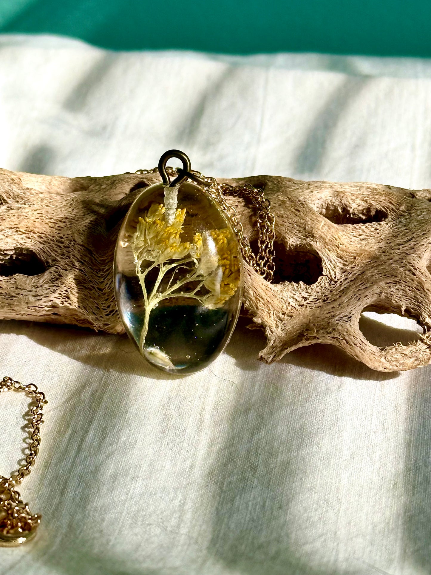 Yellow Goldenrod on Gold Chain, Floral Resin Pendant - Handcrafted Elegance | Botanical Resin Pendant | Unique Jewelry