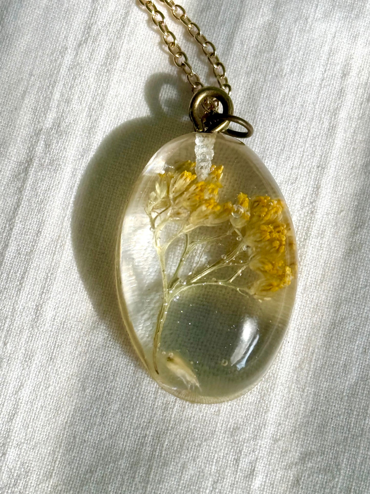 Yellow Goldenrod on Gold Chain, Floral Resin Pendant - Handcrafted Elegance | Botanical Resin Pendant | Unique Jewelry