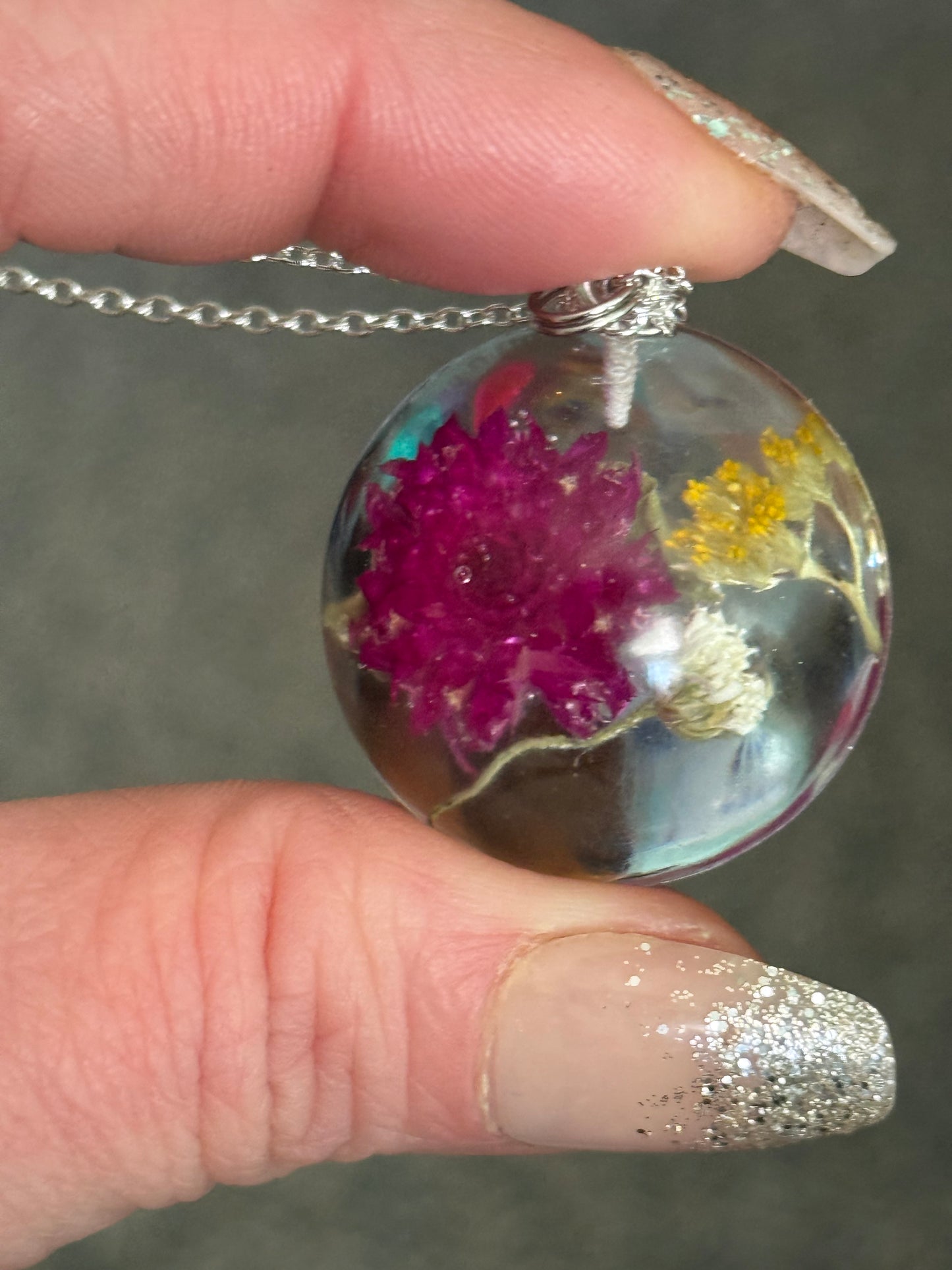 Floral Resin Pendant Necklace with Purple Clover, Baby’s Breath & Goldenrod – Handmade on Adjustable Silver Chain