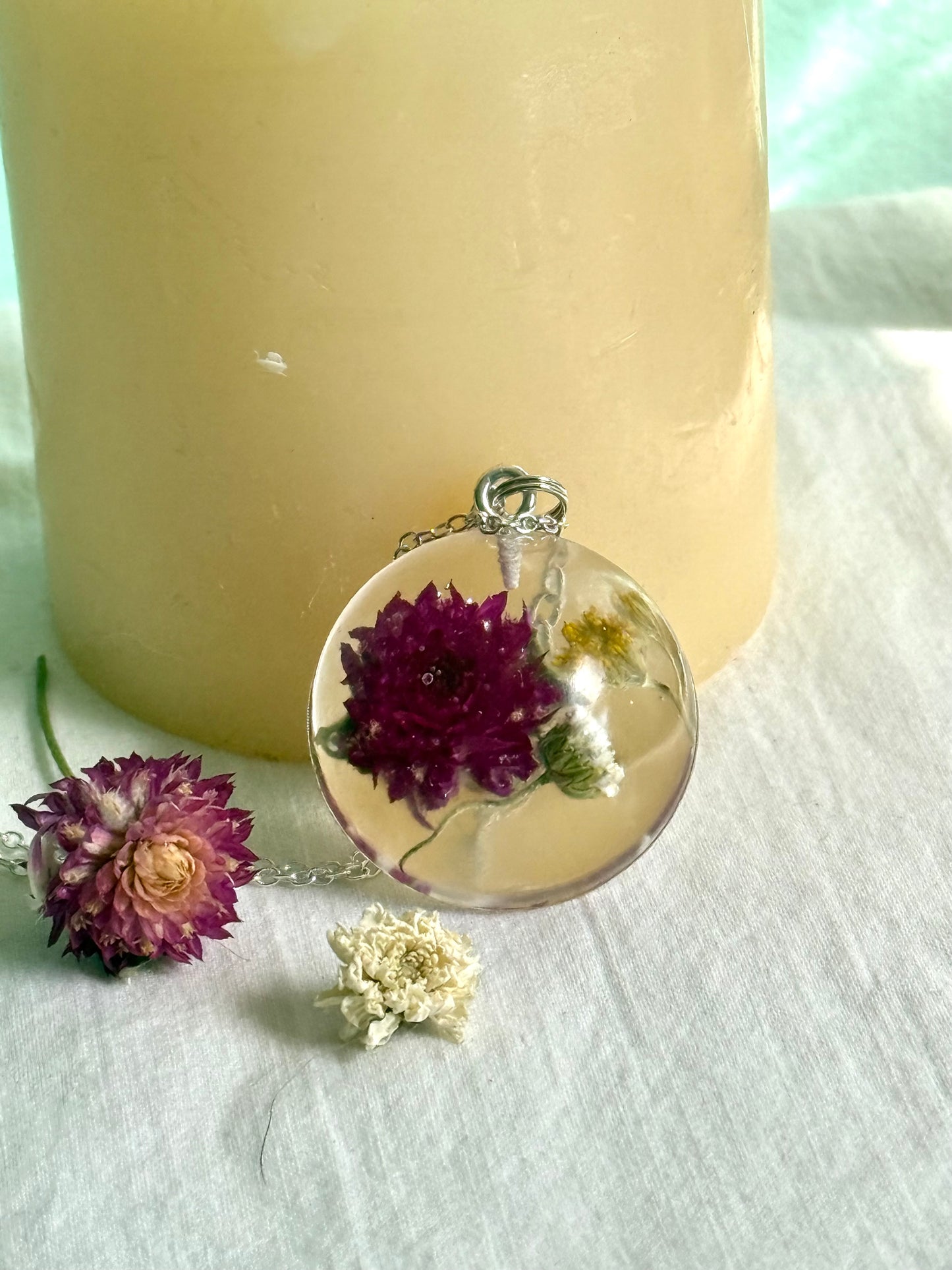 Floral Resin Pendant Necklace with Purple Clover, Baby’s Breath & Goldenrod – Handmade on Adjustable Silver Chain