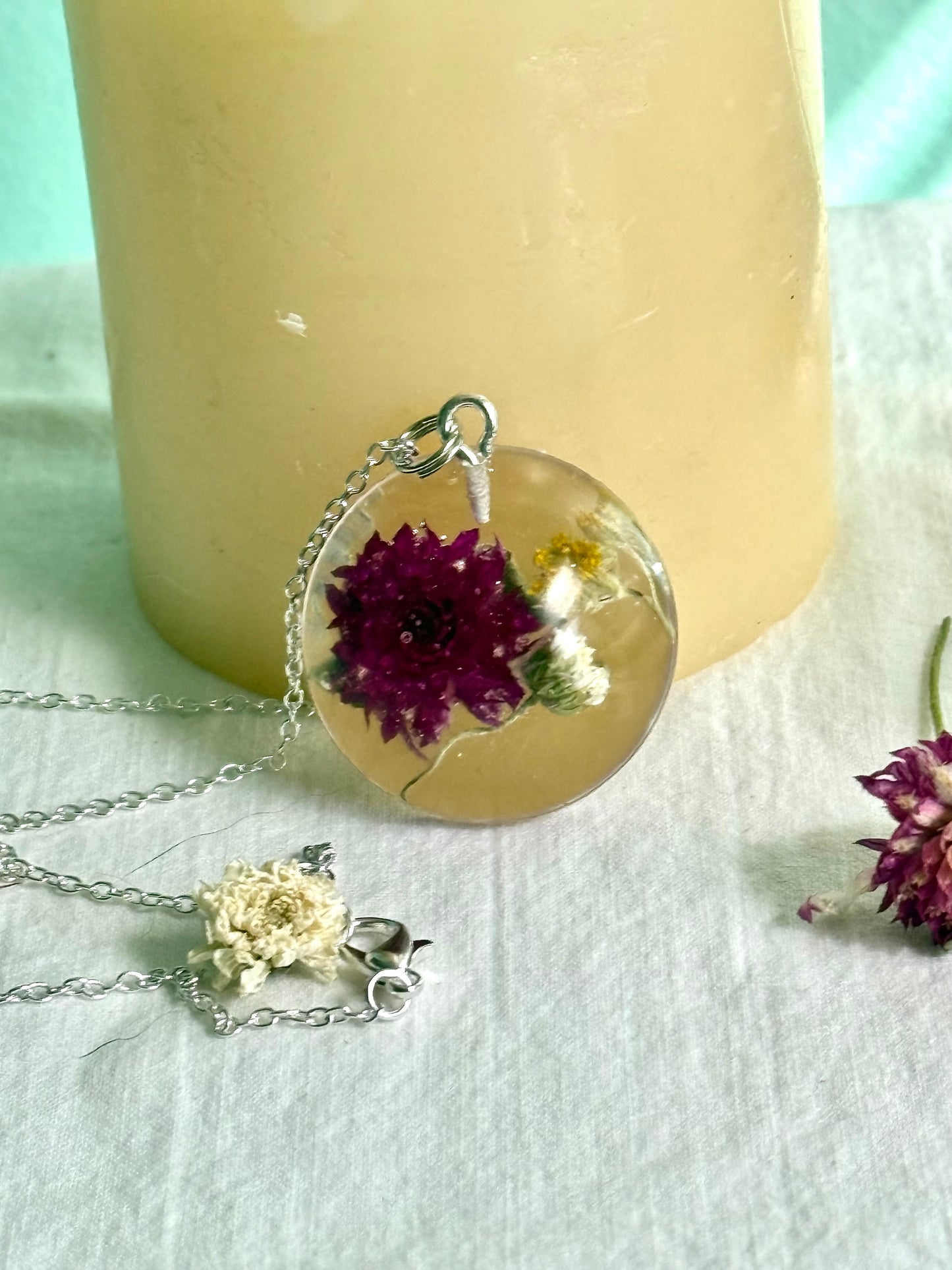 Floral Resin Pendant Necklace with Purple Clover, Baby’s Breath & Goldenrod – Handmade on Adjustable Silver Chain