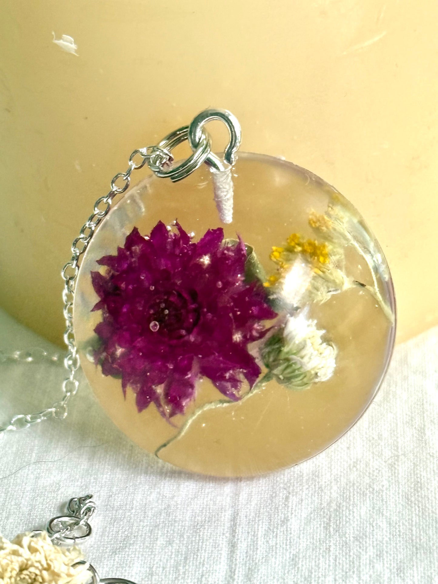 Floral Resin Pendant Necklace with Purple Clover, Baby’s Breath & Goldenrod – Handmade on Adjustable Silver Chain