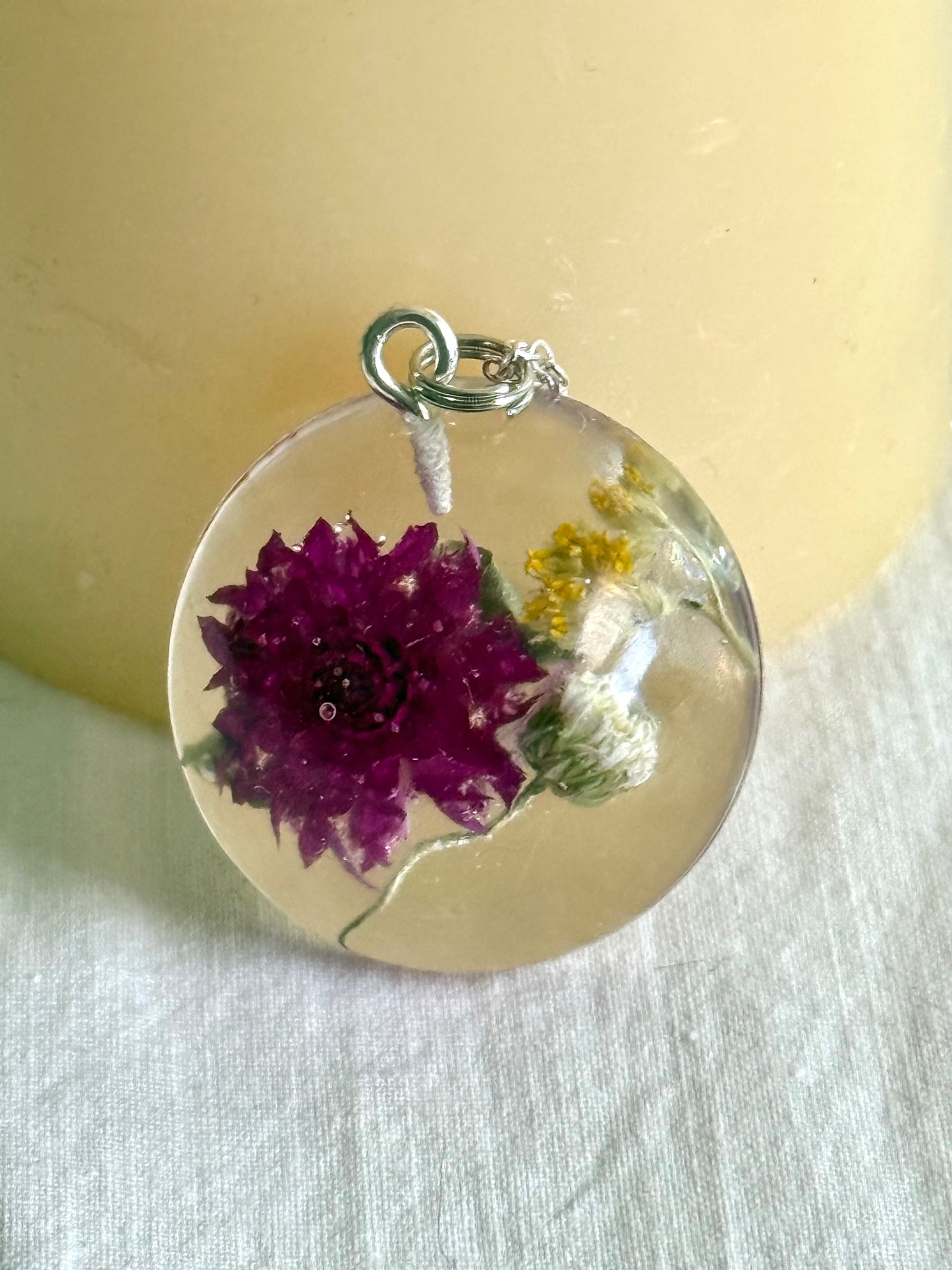 Floral Resin Pendant Necklace with Purple Clover, Baby’s Breath & Goldenrod – Handmade on Adjustable Silver Chain