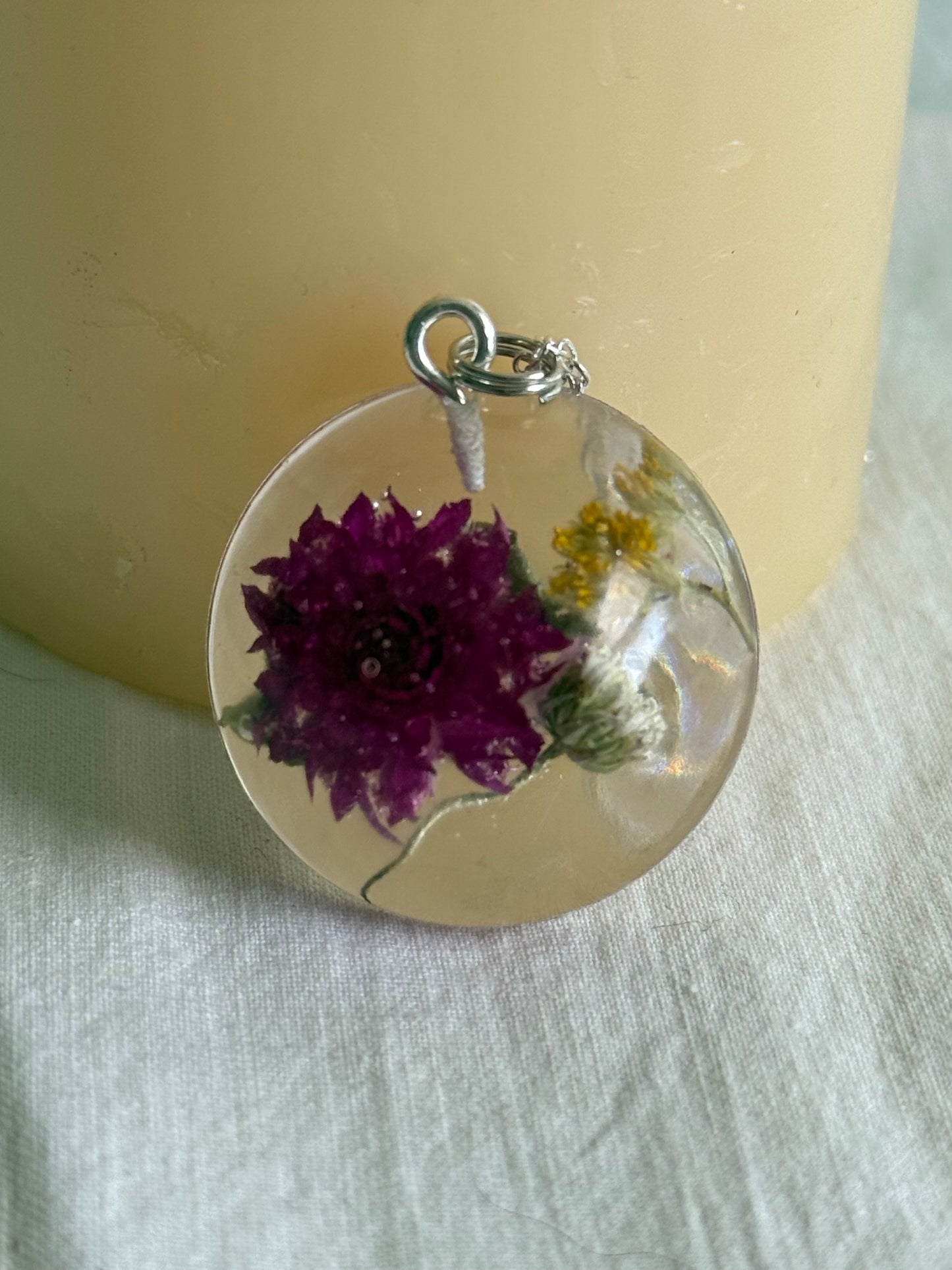 Floral Resin Pendant Necklace with Purple Clover, Baby’s Breath & Goldenrod – Handmade on Adjustable Silver Chain