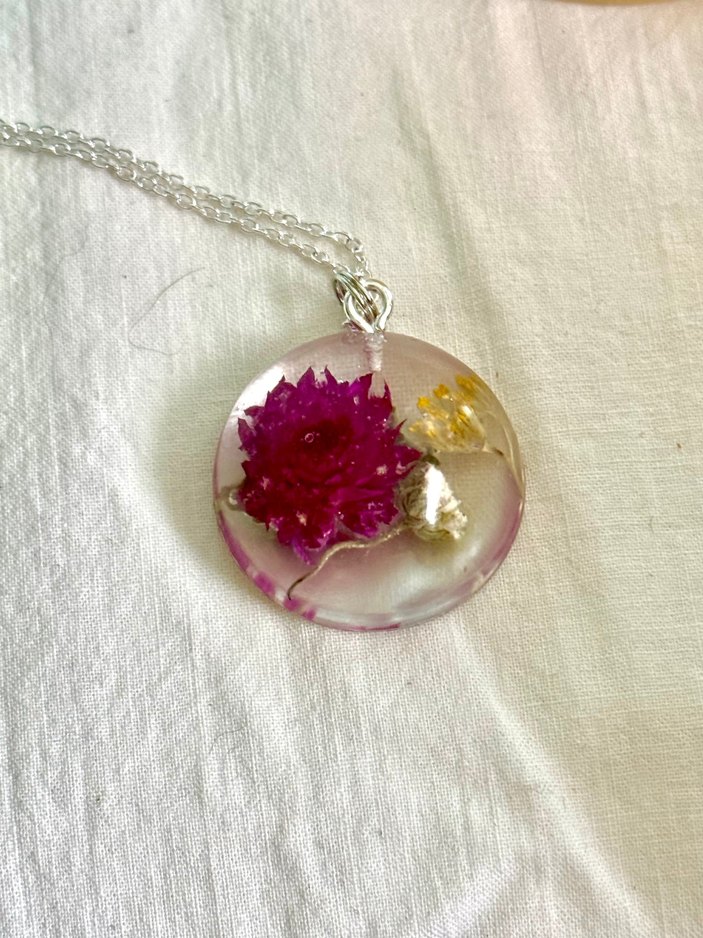 Floral Resin Pendant Necklace with Purple Clover, Baby’s Breath & Goldenrod – Handmade on Adjustable Silver Chain