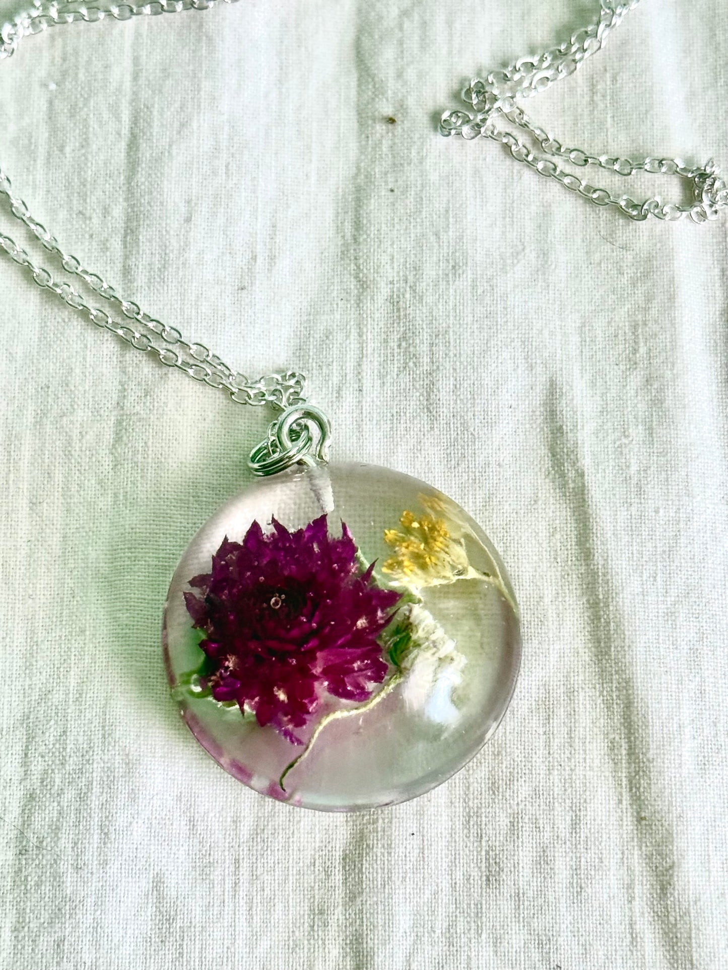 Floral Resin Pendant Necklace with Purple Clover, Baby’s Breath & Goldenrod – Handmade on Adjustable Silver Chain