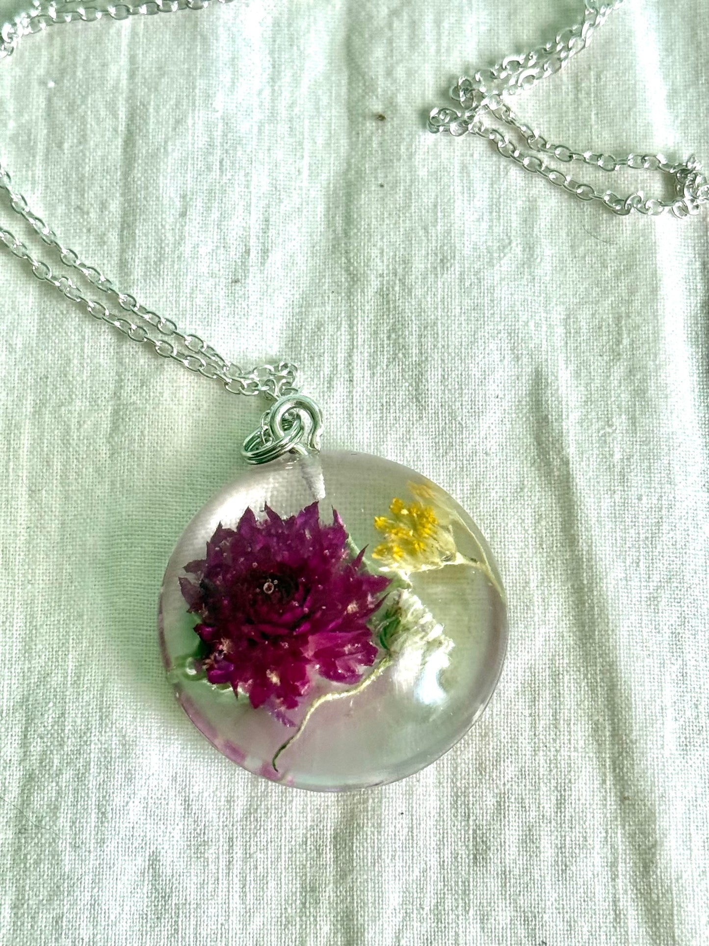 Floral Resin Pendant Necklace with Purple Clover, Baby’s Breath & Goldenrod – Handmade on Adjustable Silver Chain