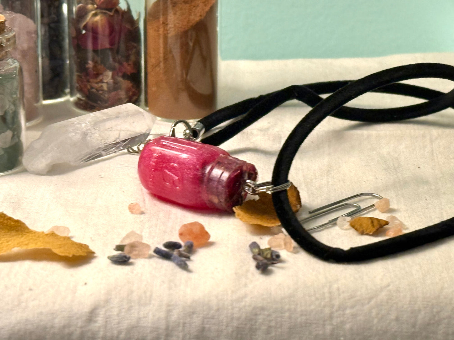 Real Love Spell Jar Necklace on Black Cord, Made With Real Spell Items Including Crystals and Herbs- Enchanted Under the Moon