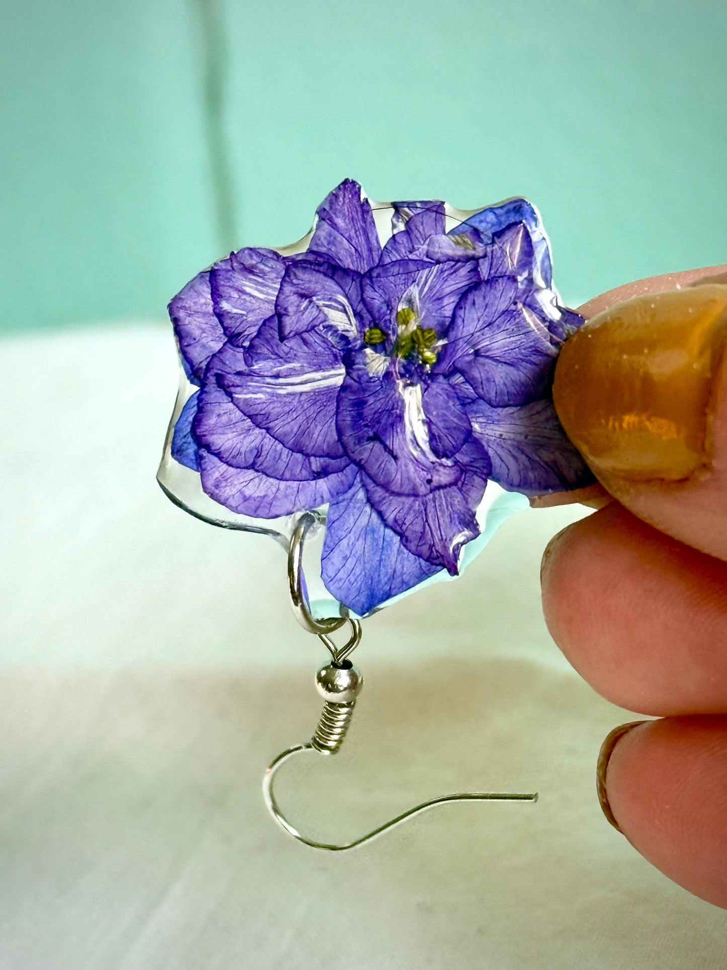 Handmade Resin Earrings with Real Azure Wolfsbane | Mystical Botanical Jewelry